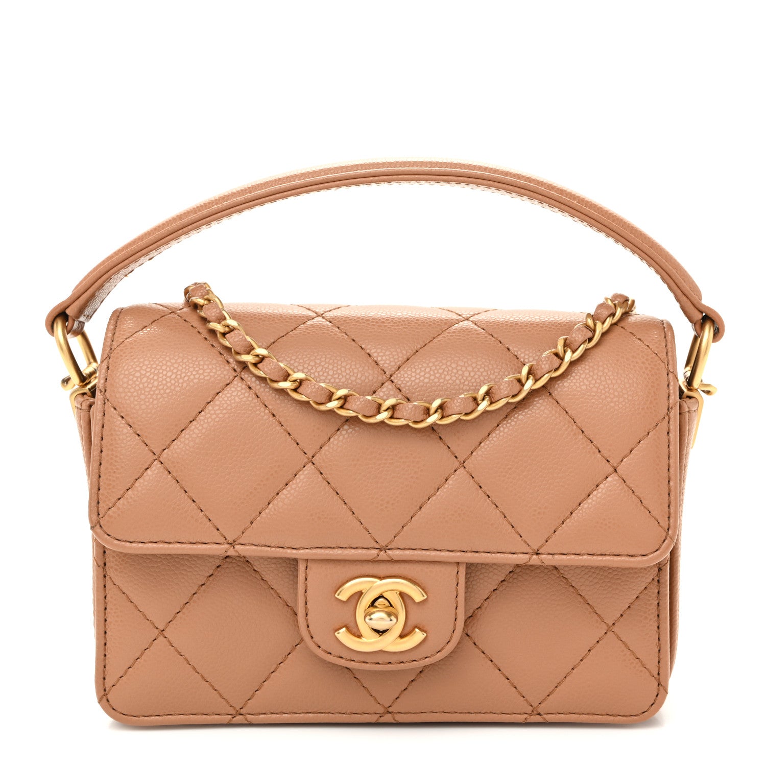 Shiny Caviar Quilted Mini Top Handle Flap Bag Camel — view 1