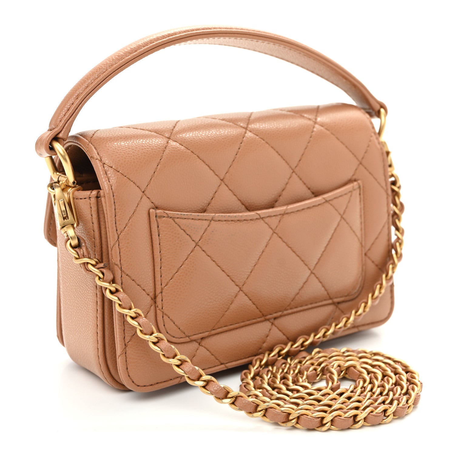 Shiny Caviar Quilted Mini Top Handle Flap Bag Camel — view 3
