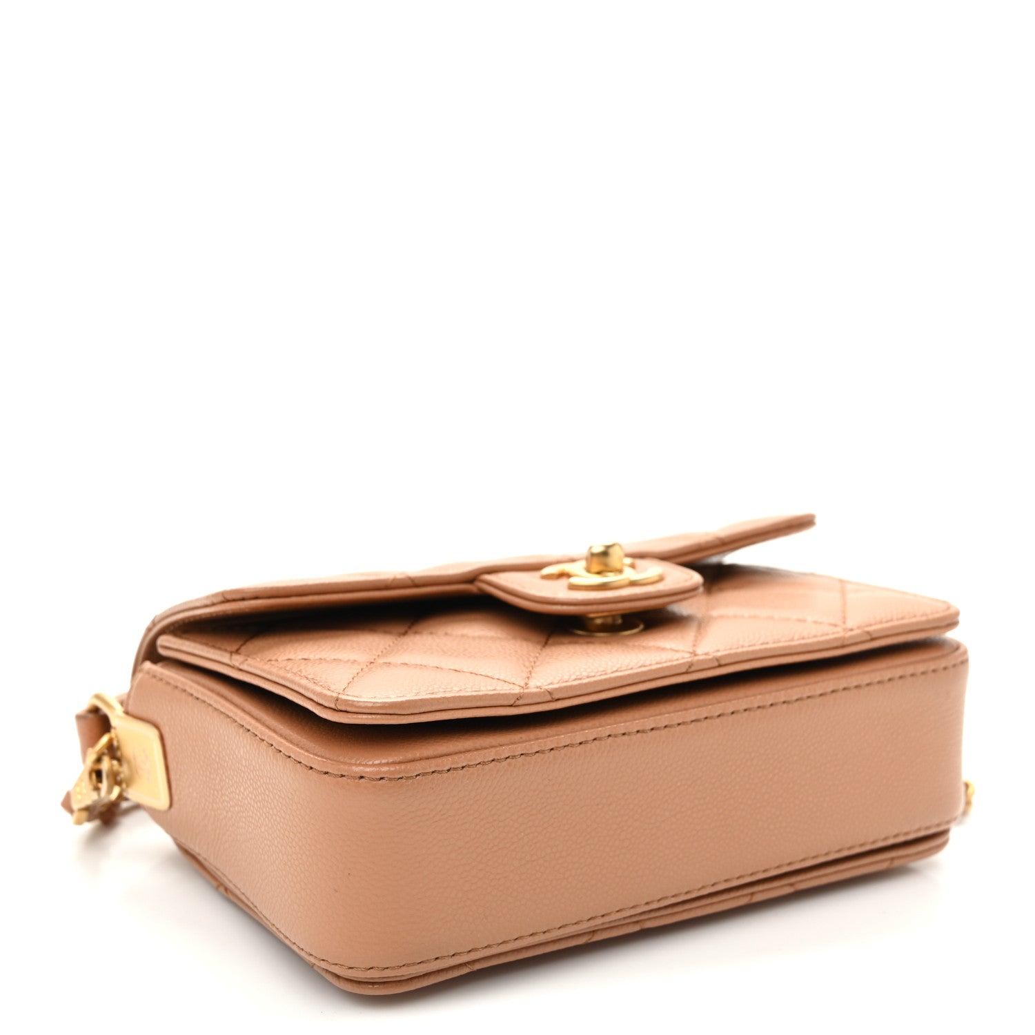 Shiny Caviar Quilted Mini Top Handle Flap Bag Camel — view 4