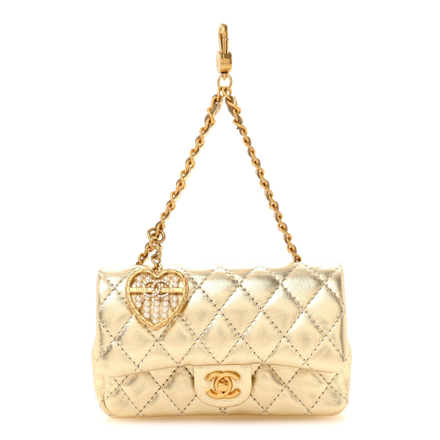 Metallic Calfskin Quilted Mini Flap Bag Charm With Hook Golden Golden