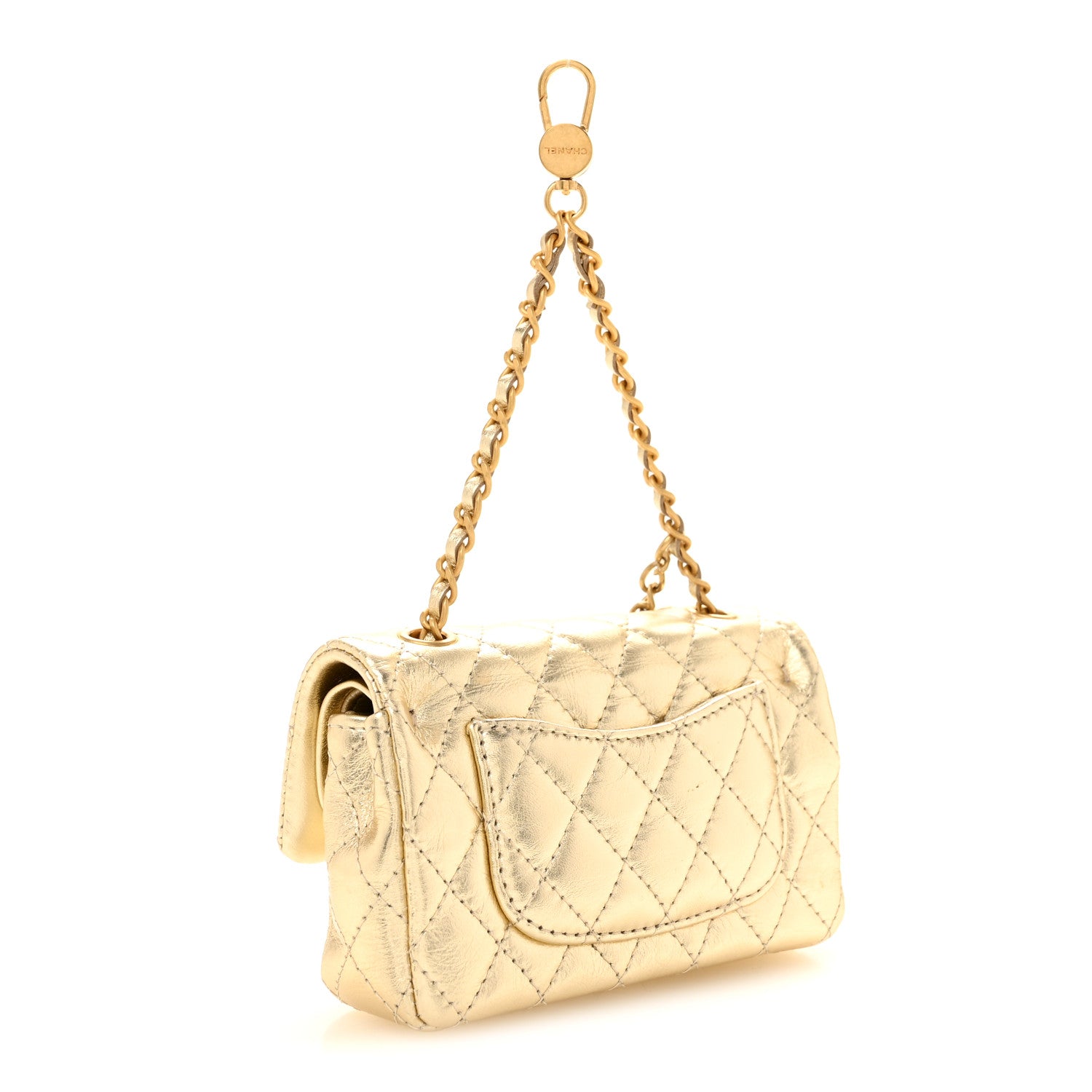 Metallic Calfskin Quilted Mini Flap Bag Charm With Hook Golden Golden — view 3