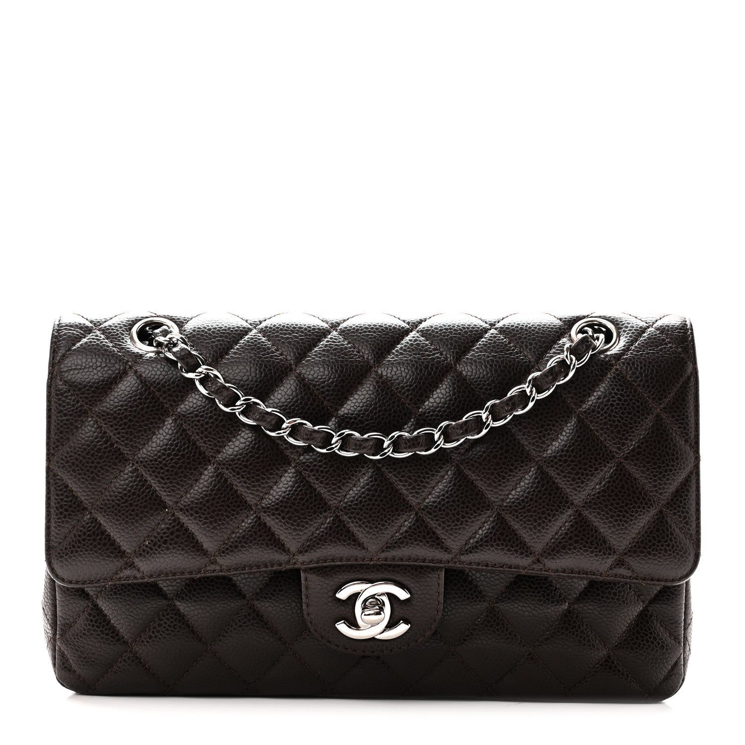 Caviar Quilted Medium Double Flap Brown