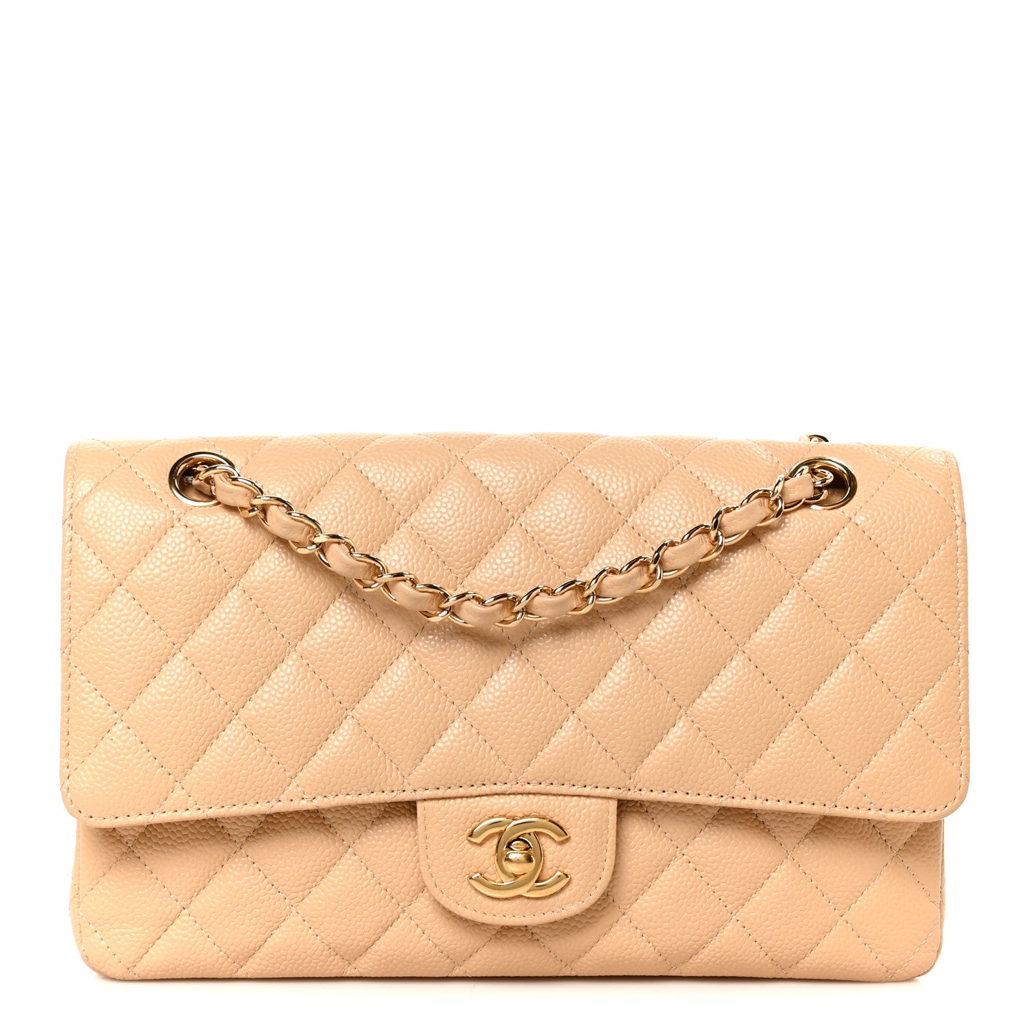 Caviar Quilted Medium Double Flap Beige