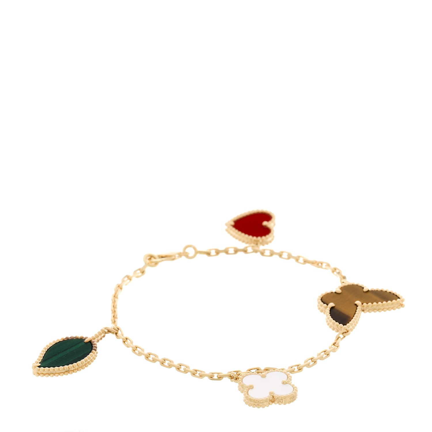18K Yellow Gold Mother of Pearl Malachite Carnelian Tiger Eye 4 Motifs Lucky Alhambra Bracelet