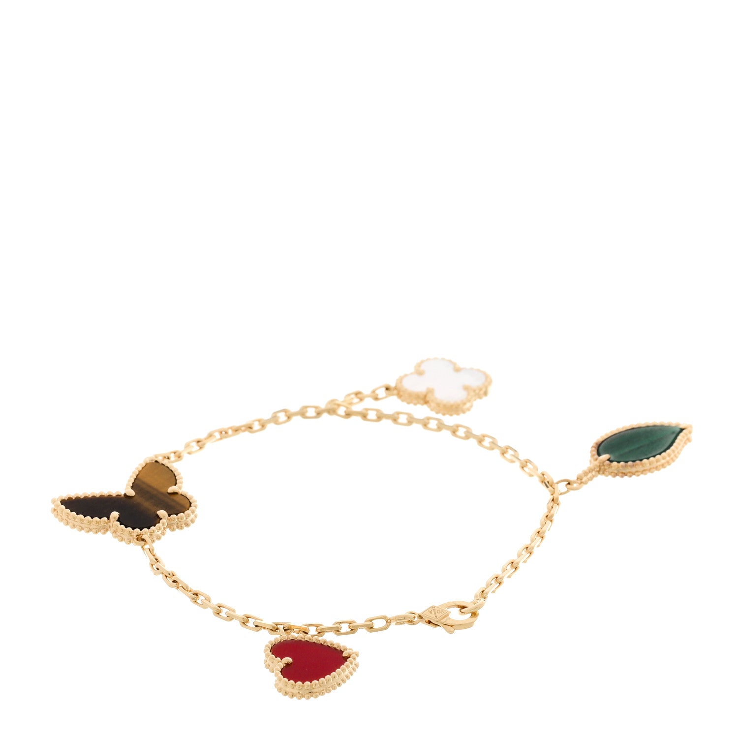 18K Yellow Gold Mother of Pearl Malachite Carnelian Tiger Eye 4 Motifs Lucky Alhambra Bracelet — view 2