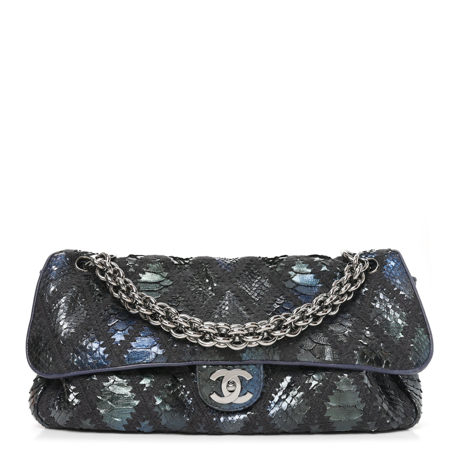 Metallic Snakeskin Crochet Soft and Chain Maxi Flap Blue Multicolor