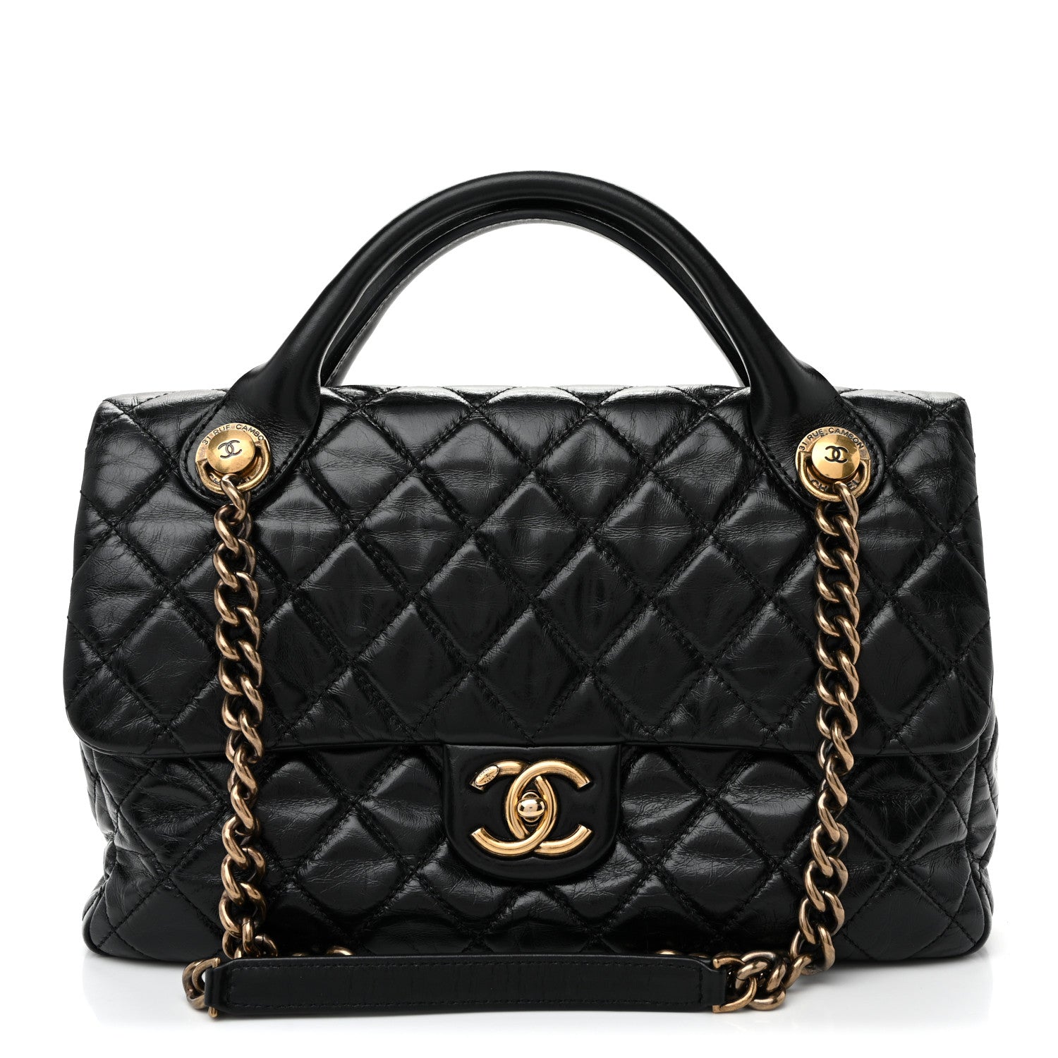 Glazed Calfskin Castle Rock Medium Flap Black