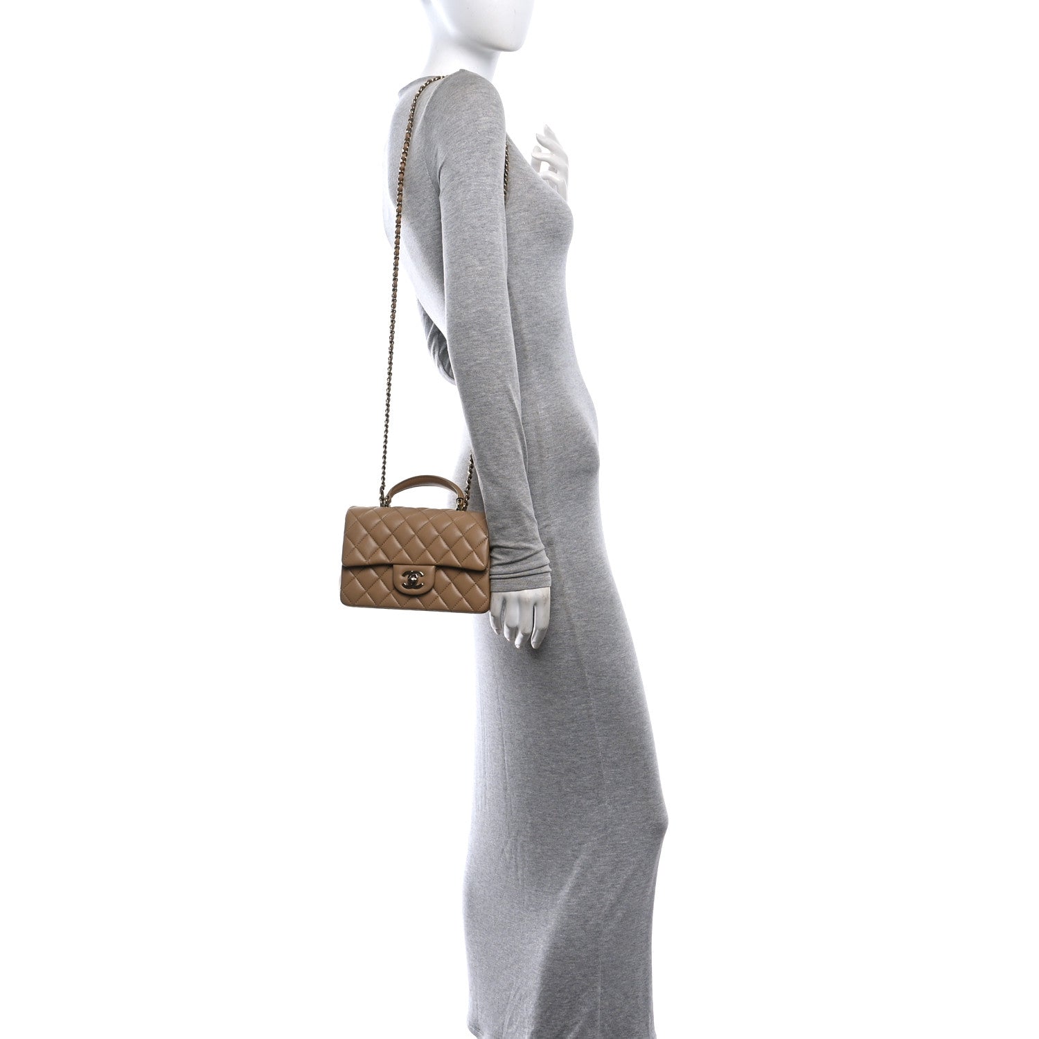 Lambskin Quilted Mini Top Handle Rectangular Flap Beige — view 2