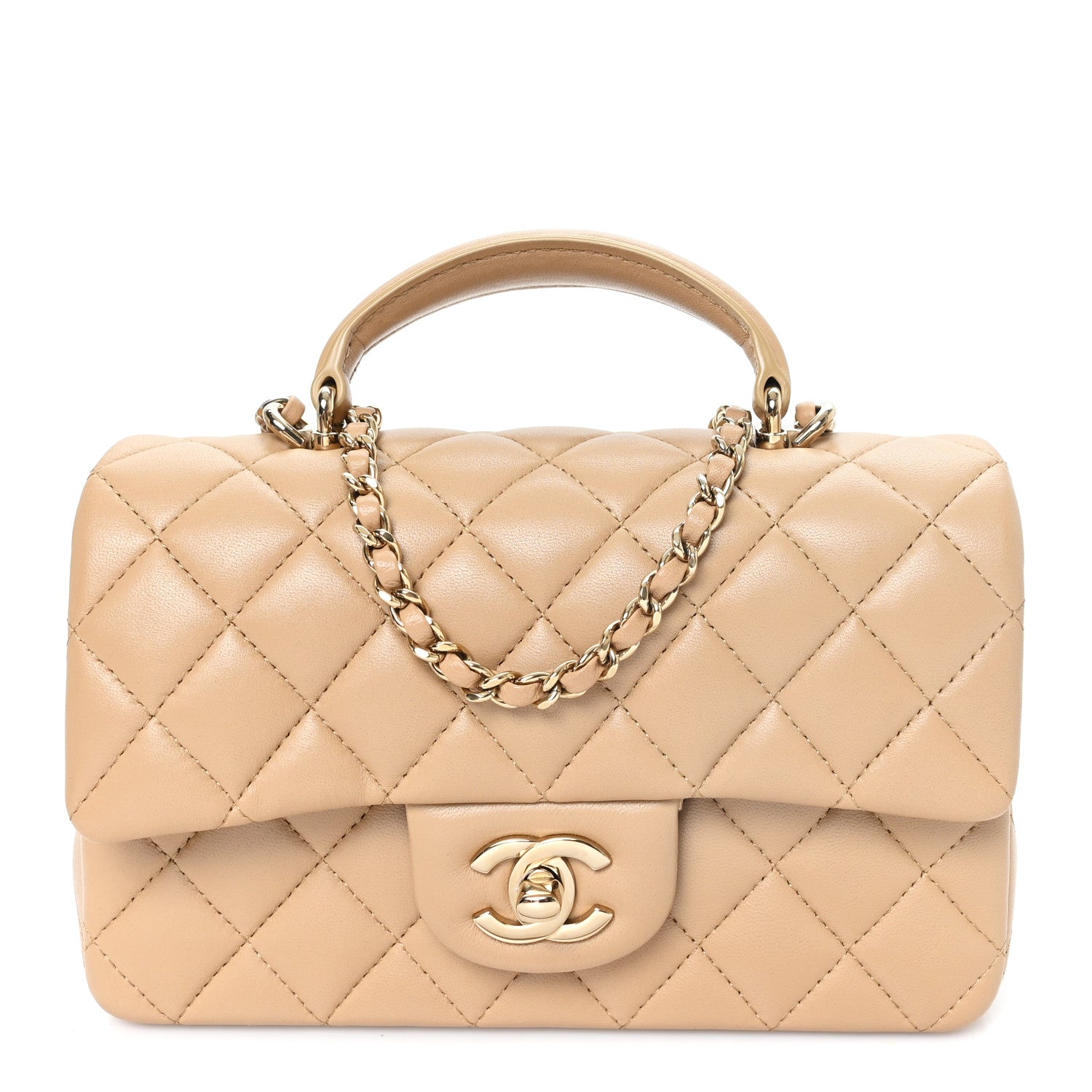 Lambskin Quilted Mini Top Handle Rectangular Flap Beige — view 3
