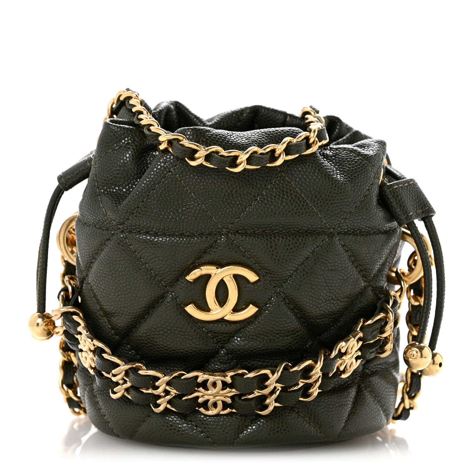 Caviar Quilted Coco First Bucket Clutch With Chain Khaki