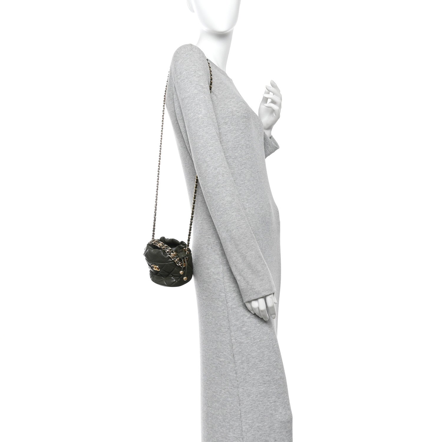 Caviar Quilted Coco First Bucket Clutch With Chain Khaki — view 2