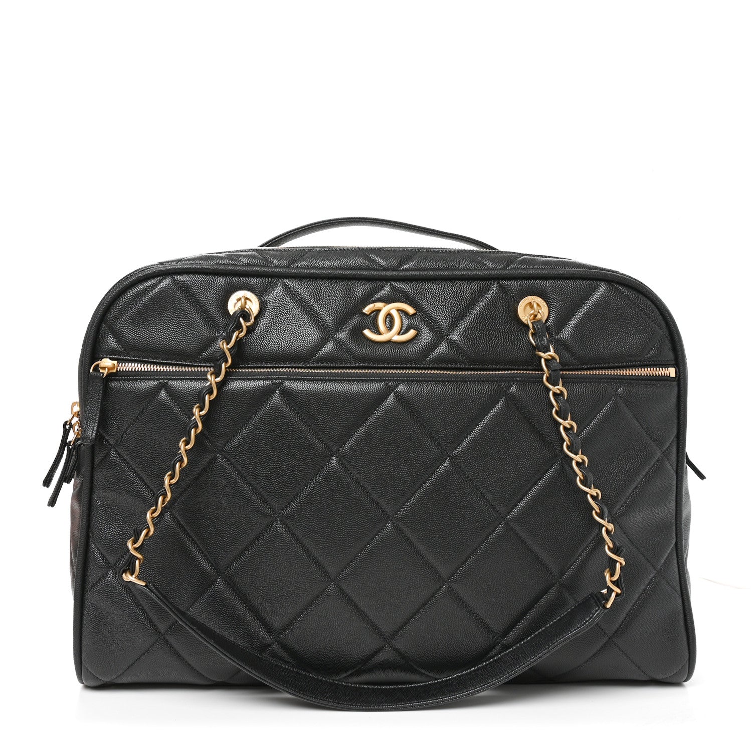 Shiny Grained Calfskin Quilted Travel Bowling Bag Black