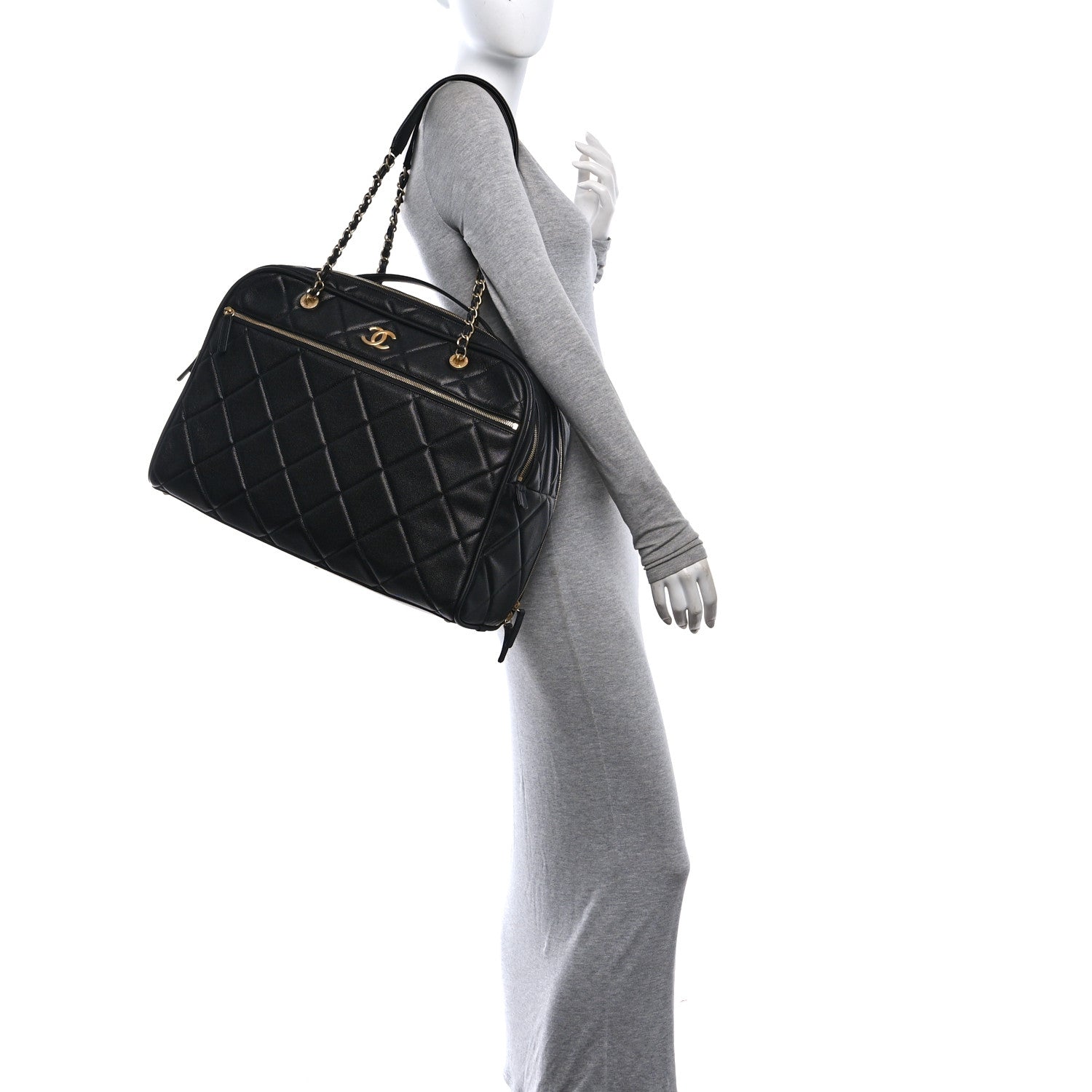 Shiny Grained Calfskin Quilted Travel Bowling Bag Black — view 2
