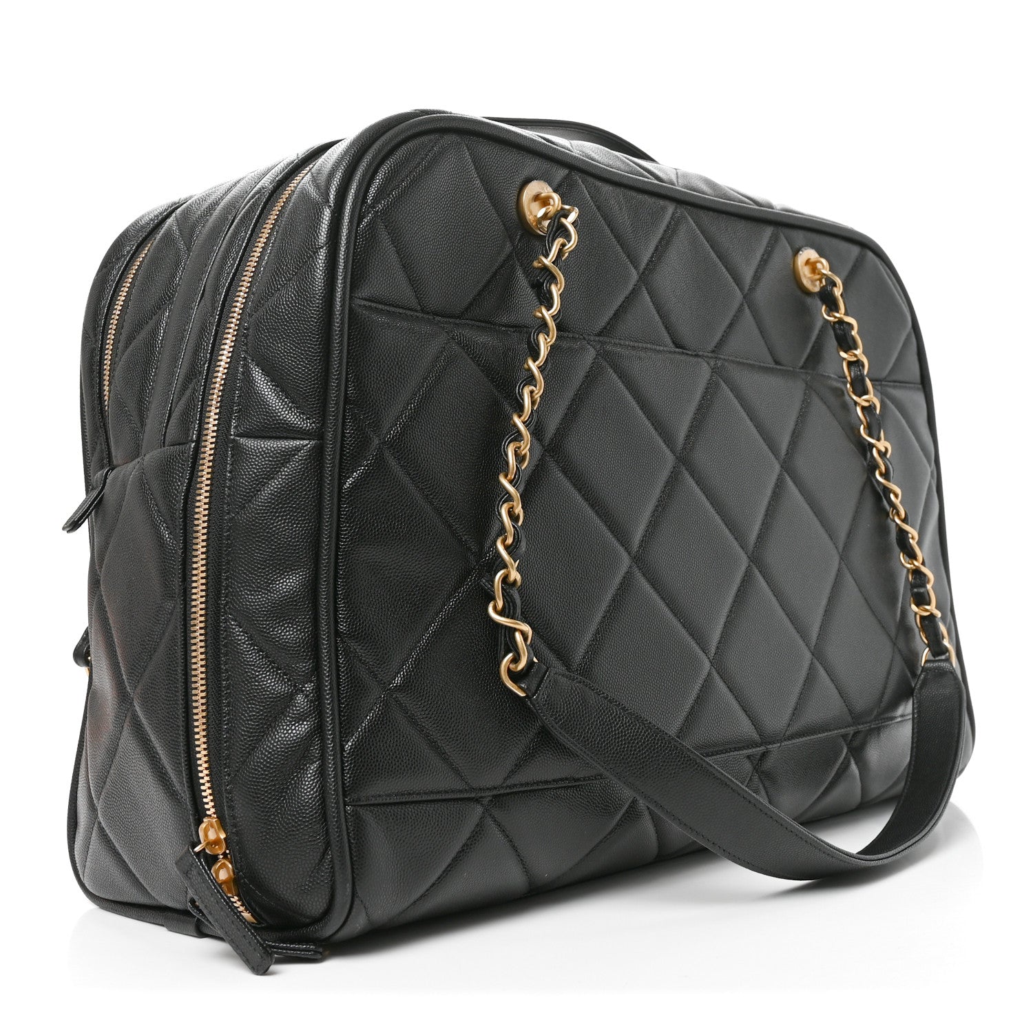 Shiny Grained Calfskin Quilted Travel Bowling Bag Black — view 3