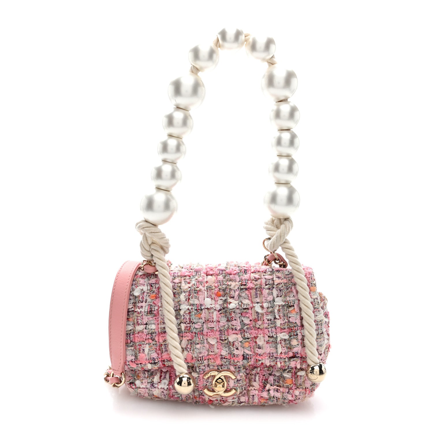 Tweed Mini Pearl Handle Flap Pink Beige Orange Ecru