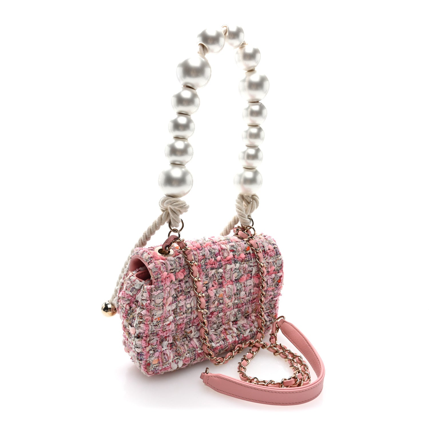 Tweed Mini Pearl Handle Flap Pink Beige Orange Ecru — view 3