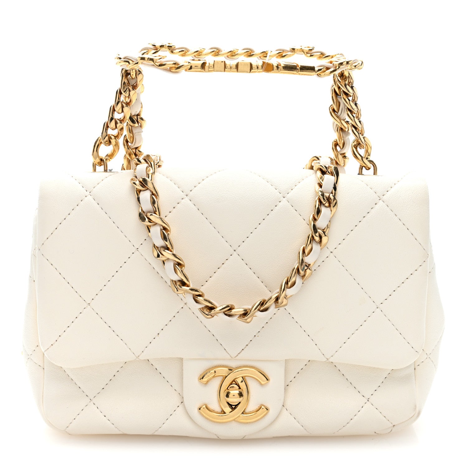 Lambskin Metal Quilted Mini Top Handle Square Flap White