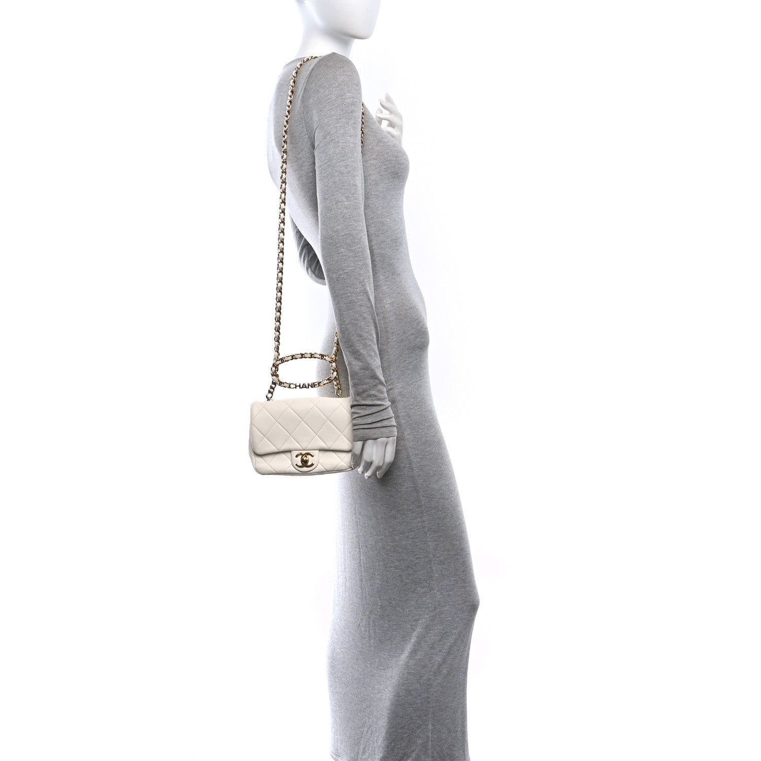 Lambskin Metal Quilted Mini Top Handle Square Flap White — view 2