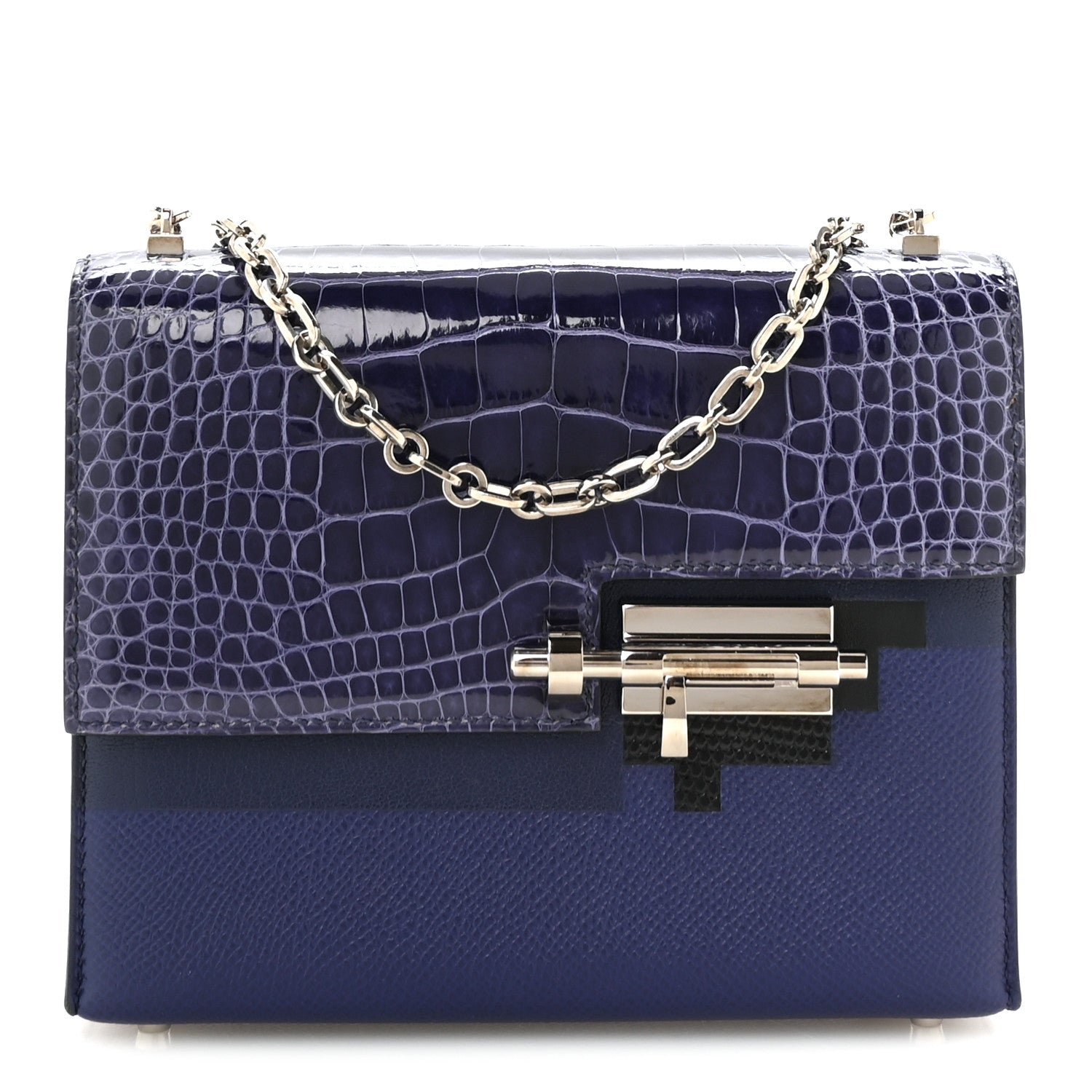Epsom Shiny Alligator Mini Verrou Chaine Bag Bleu Encre Black