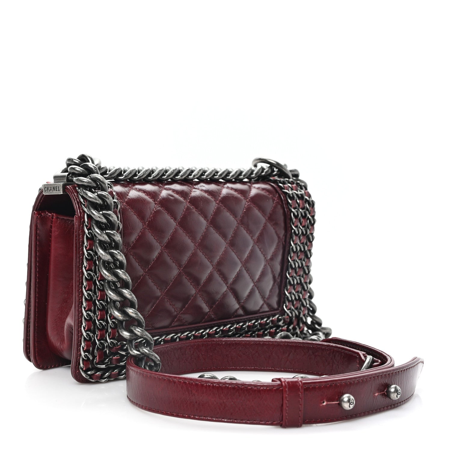 Glazed Calfskin Quilted Small Boy Chained Flap Burgundy — view 3