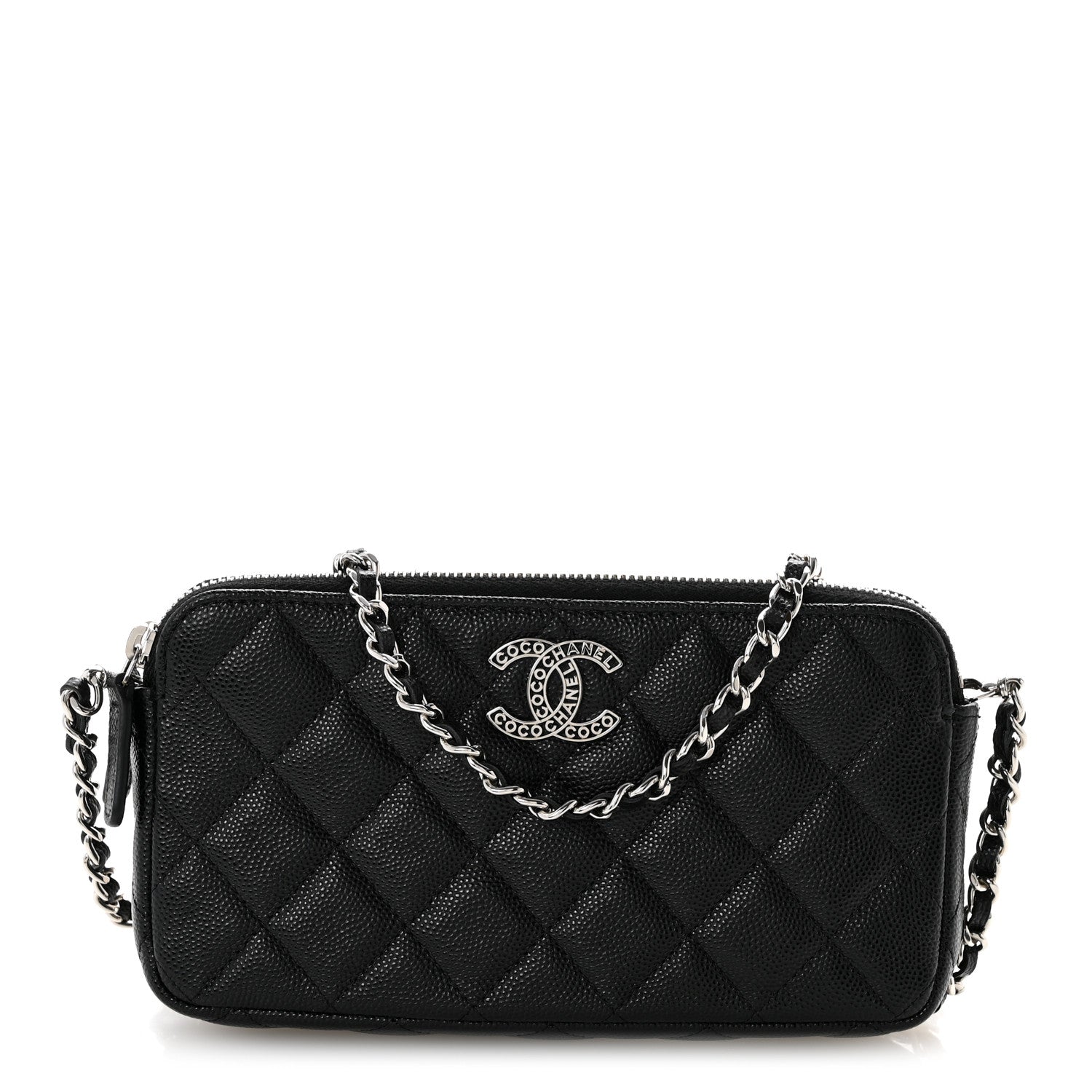 Caviar Quilted Logo Small Clutch With Chain Black