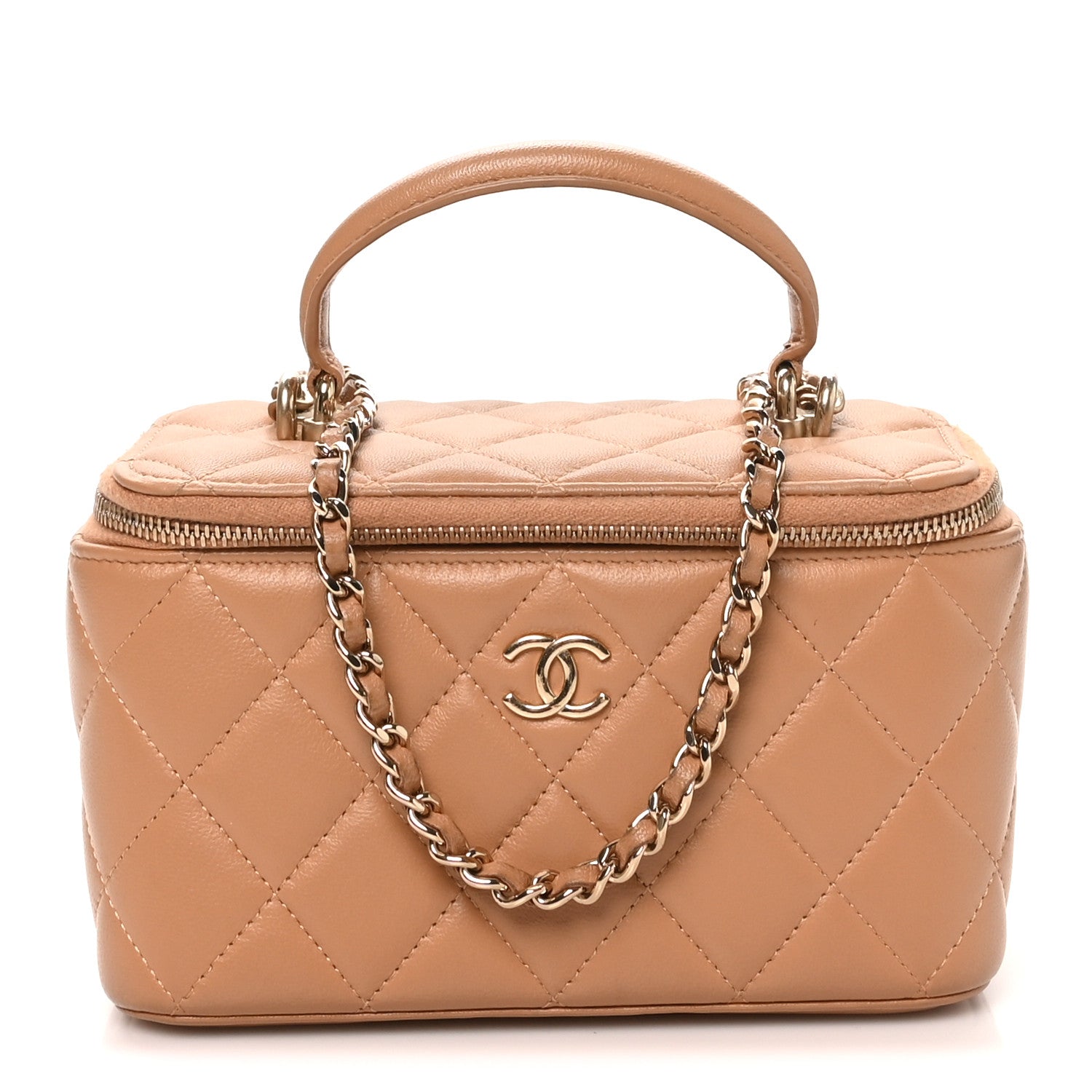 Lambskin Quilted Small Top Handle Vanity Case With Chain Beige