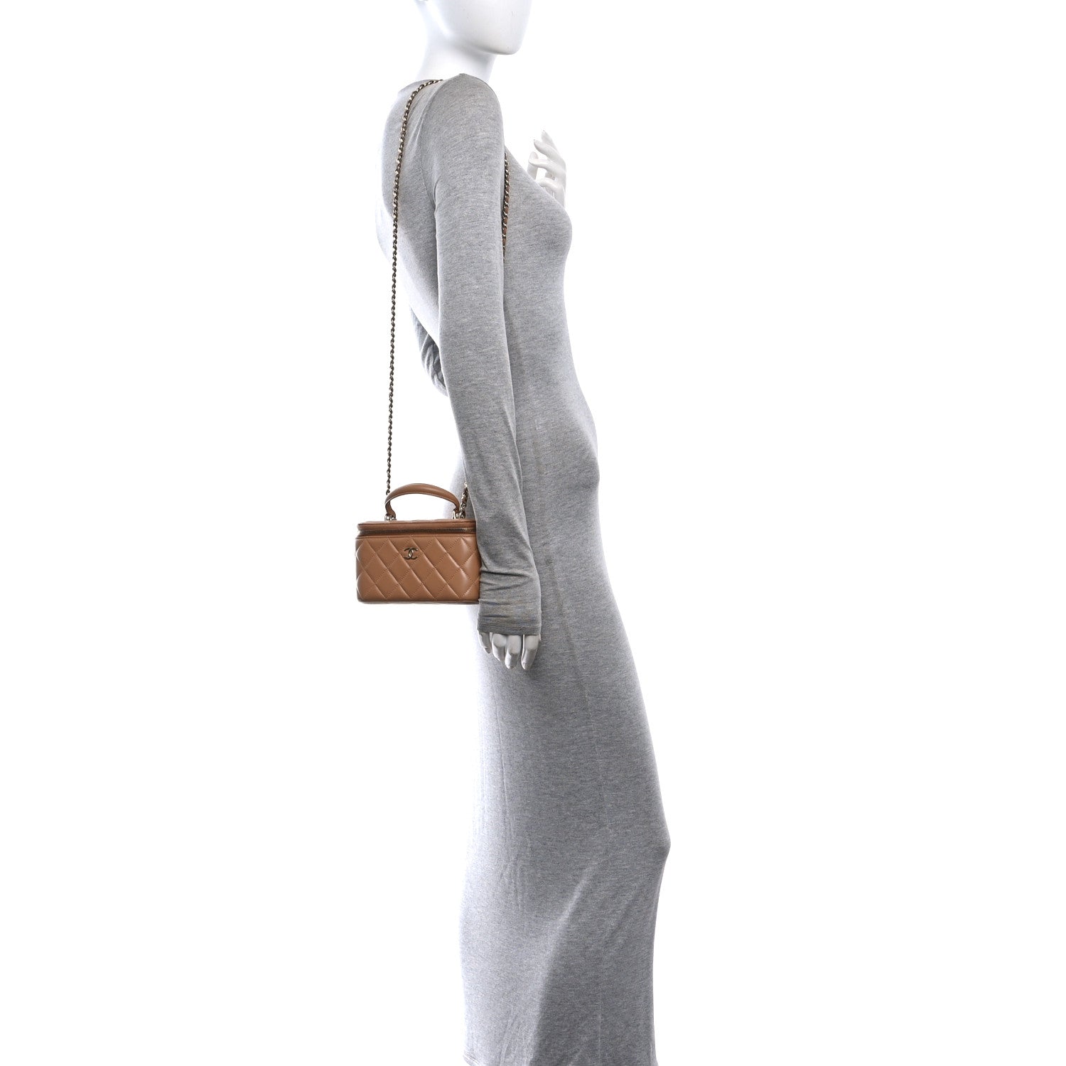 Lambskin Quilted Small Top Handle Vanity Case With Chain Beige — view 2