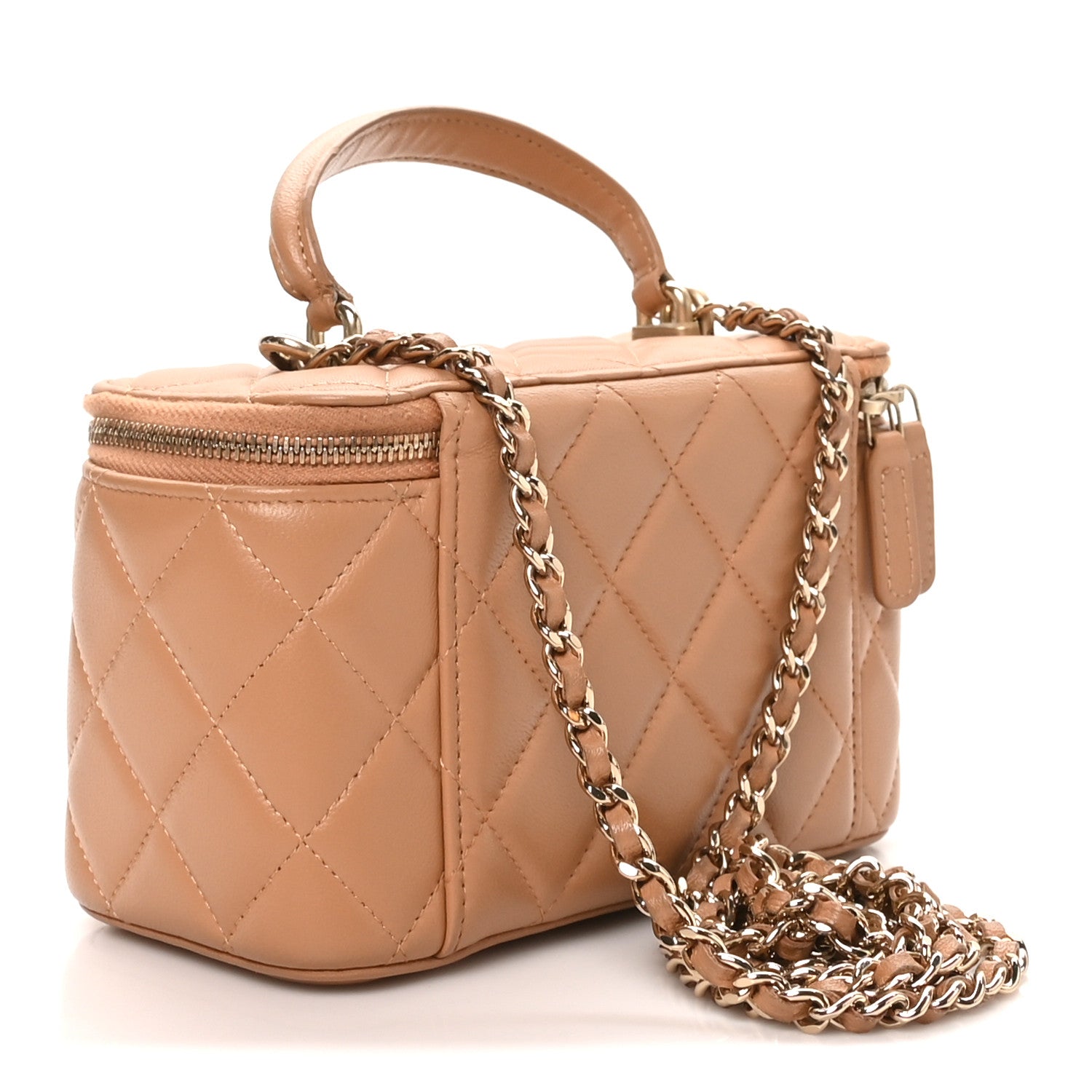 Lambskin Quilted Small Top Handle Vanity Case With Chain Beige — view 3