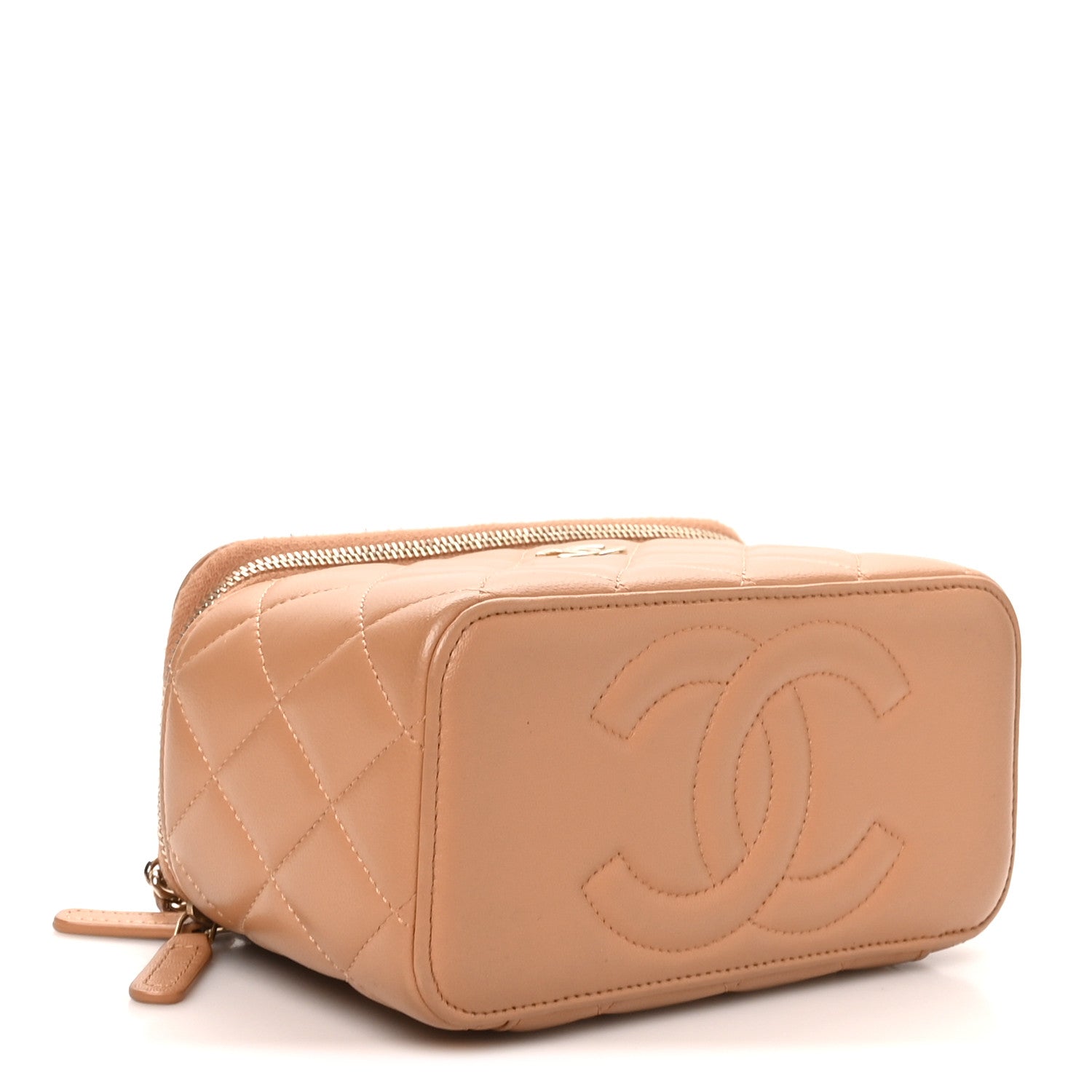 Lambskin Quilted Small Top Handle Vanity Case With Chain Beige — view 4