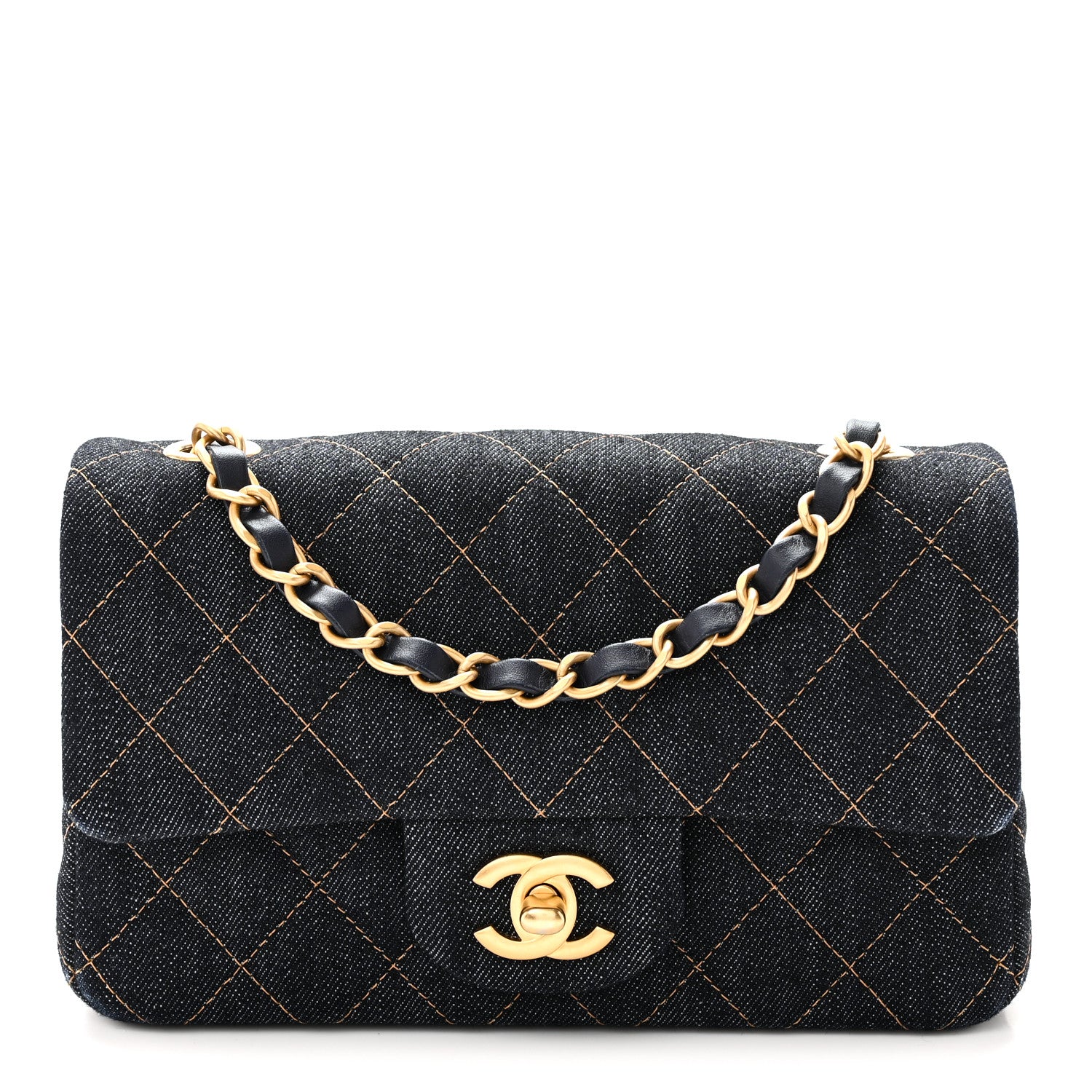 Denim Quilted Mini Rectangular Flap Dark Blue Orange