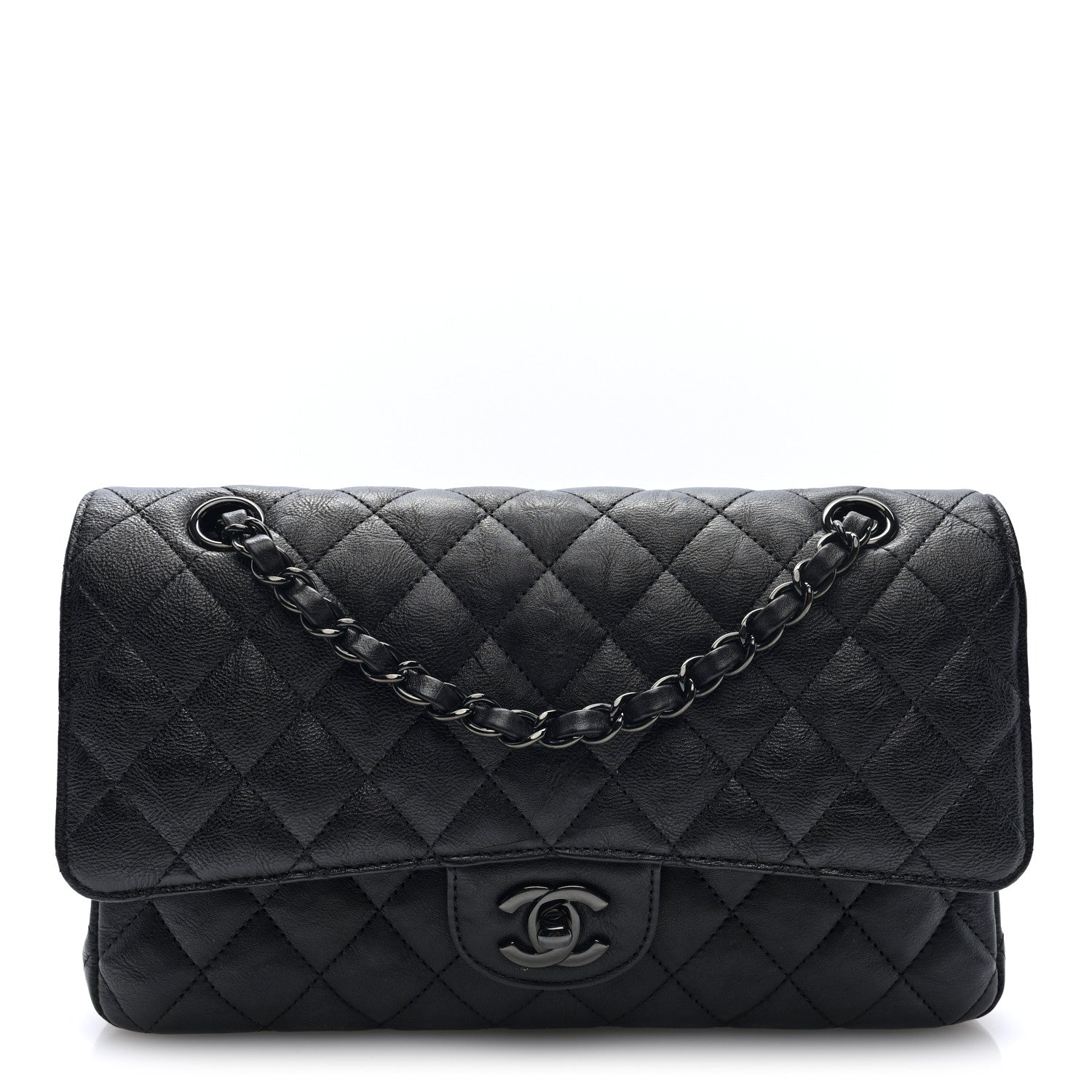 Crumpled Calfskin Quilted Medium Double Flap So Black — view 1