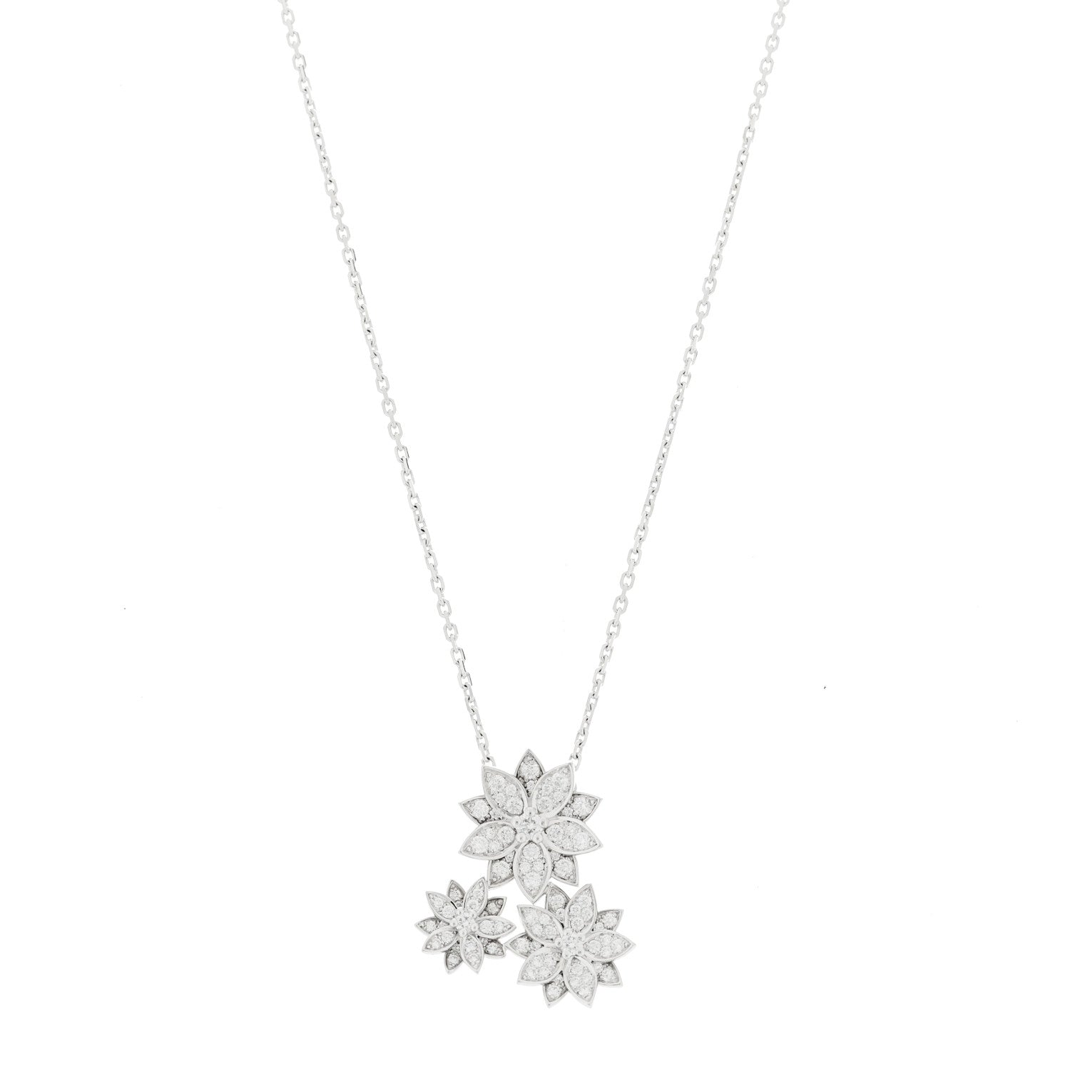 18K White Gold Diamond Lotus 3 Flowers Pendant Necklace