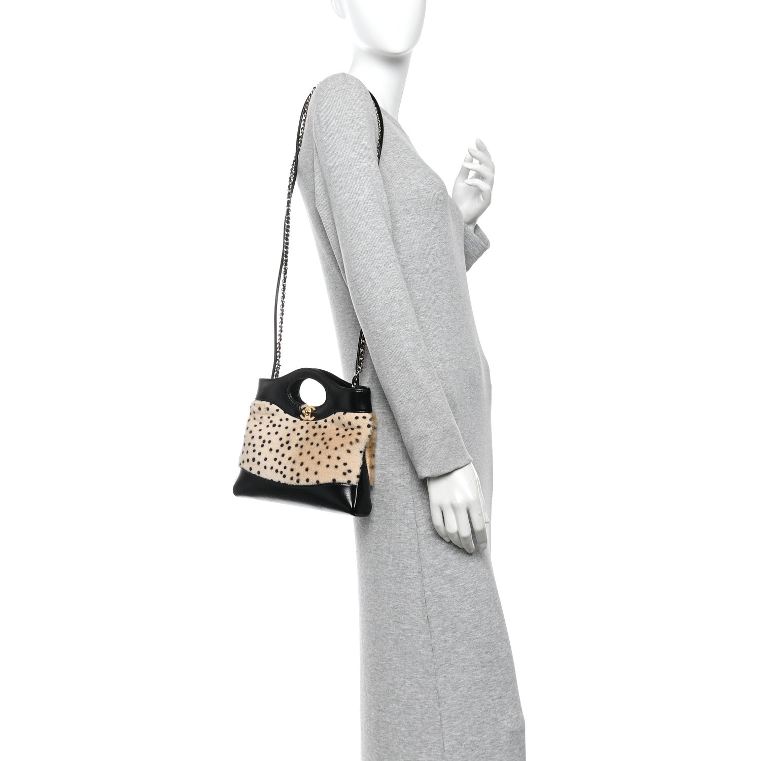 Shiny Lambskin Pony Hair Cheetah Printed Mini 31 Shopping Bag Light Beige Black — view 2