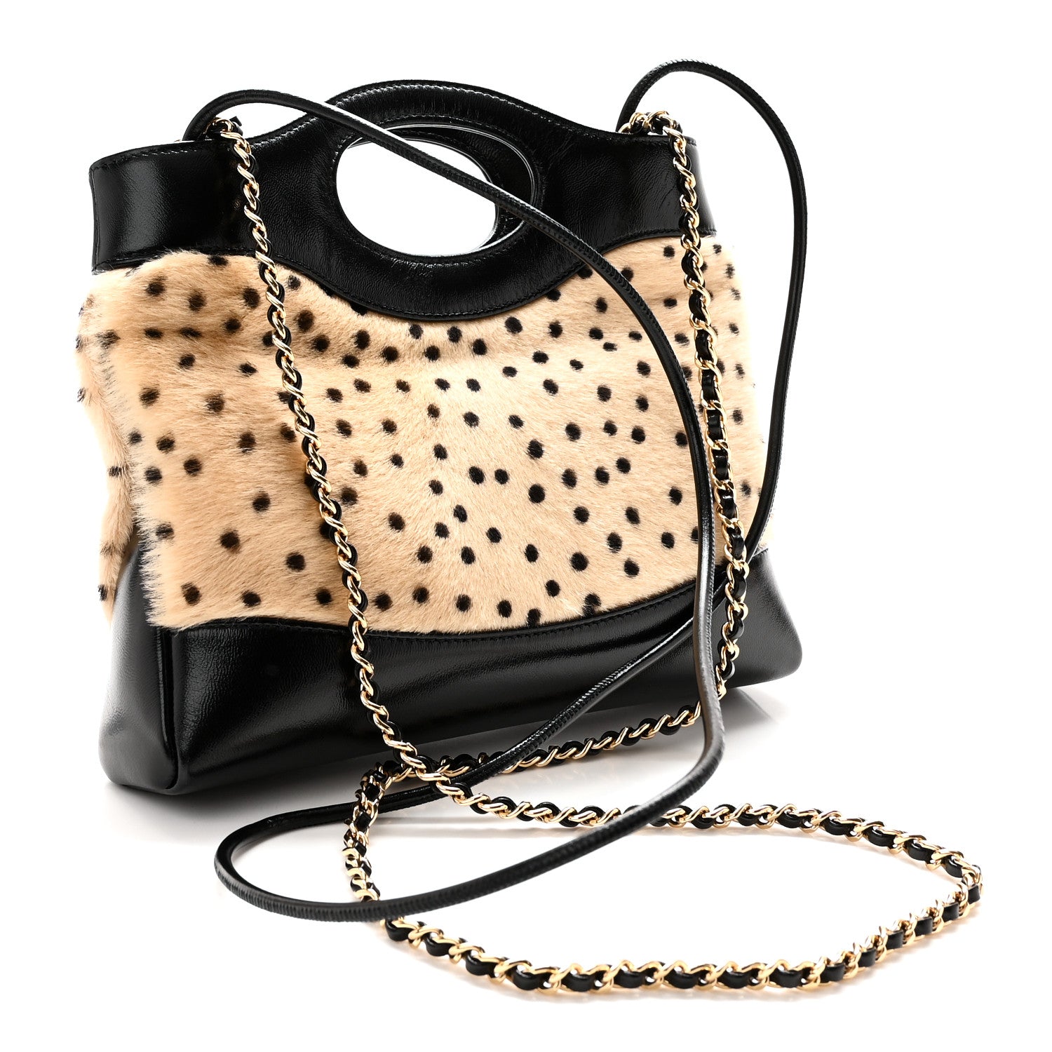 Shiny Lambskin Pony Hair Cheetah Printed Mini 31 Shopping Bag Light Beige Black — view 3
