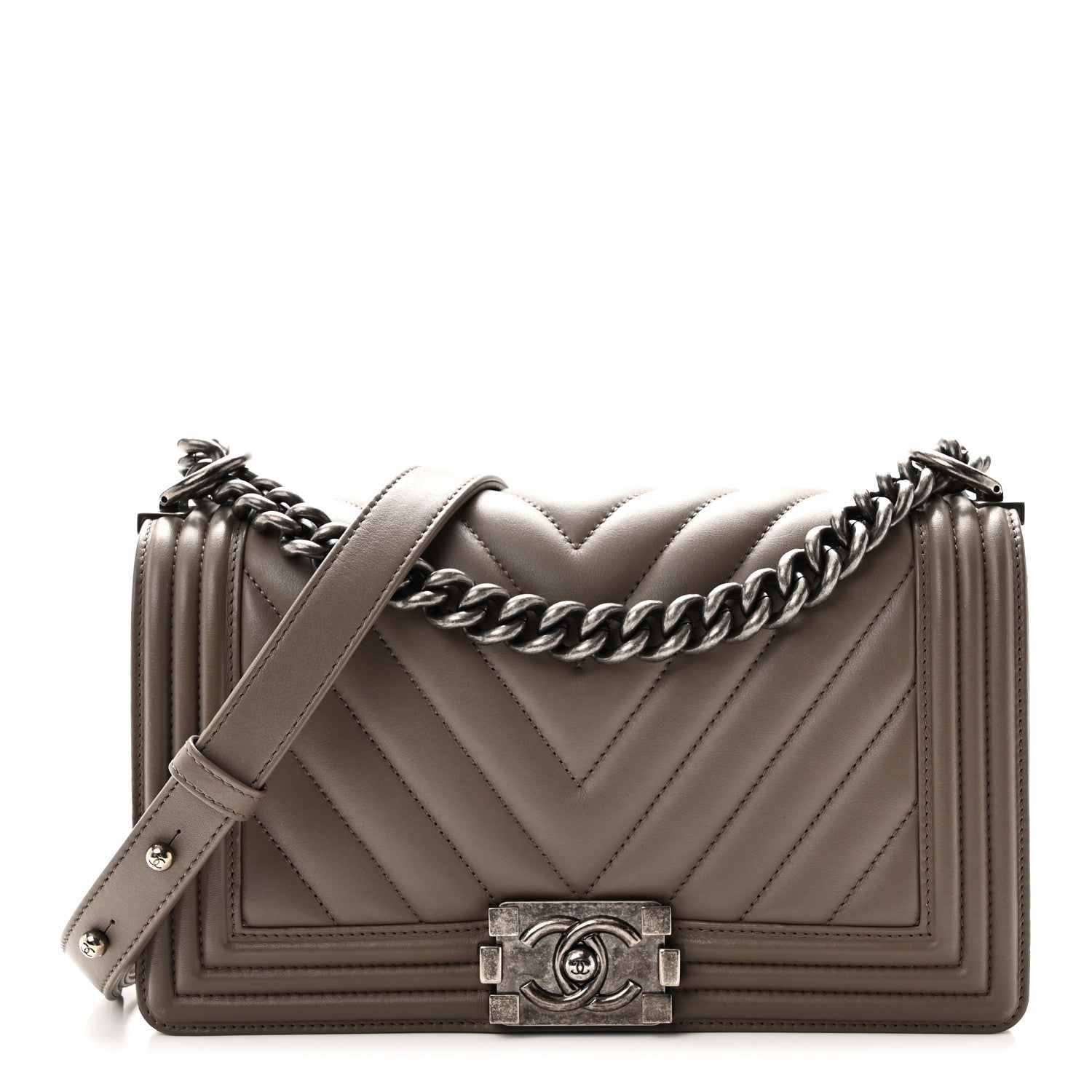 Calfskin Chevron Quilted Medium Boy Flap Grey