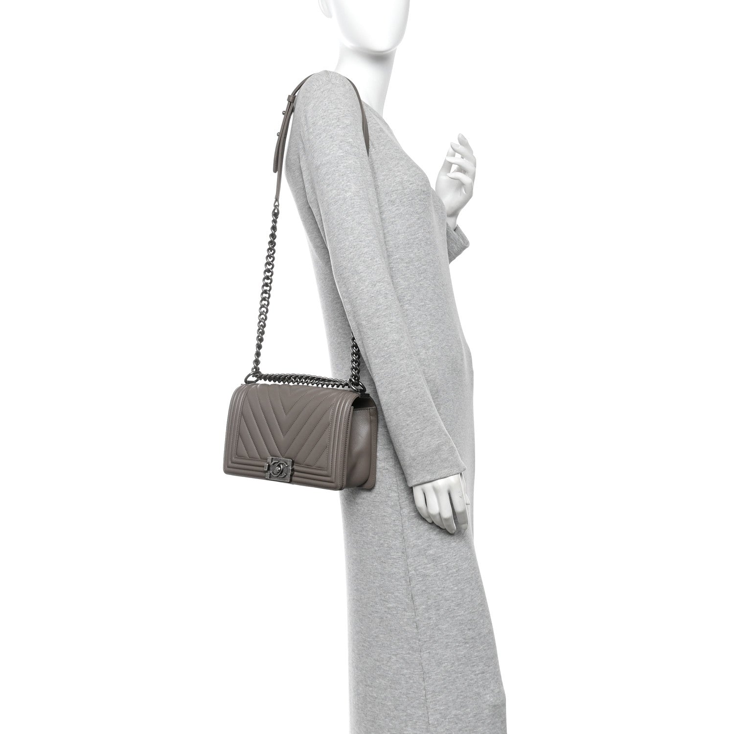 Calfskin Chevron Quilted Medium Boy Flap Grey — view 2