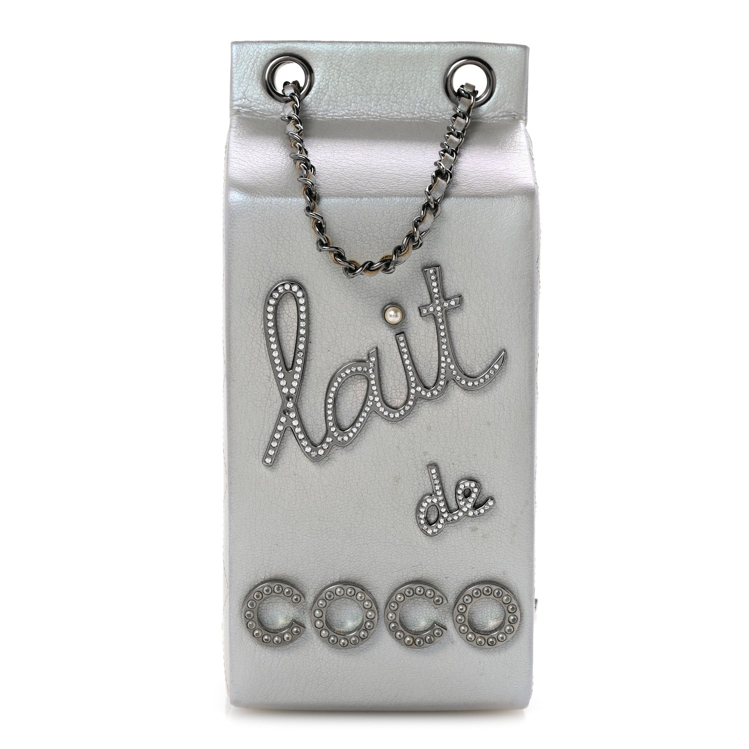 Metallic Goatskin Lait de Coco Milk Carton Bag Silver