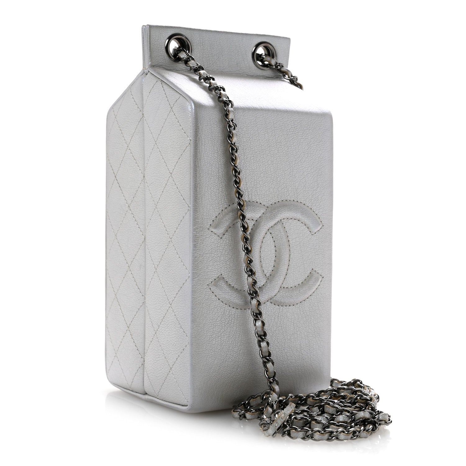 Metallic Goatskin Lait de Coco Milk Carton Bag Silver — view 3