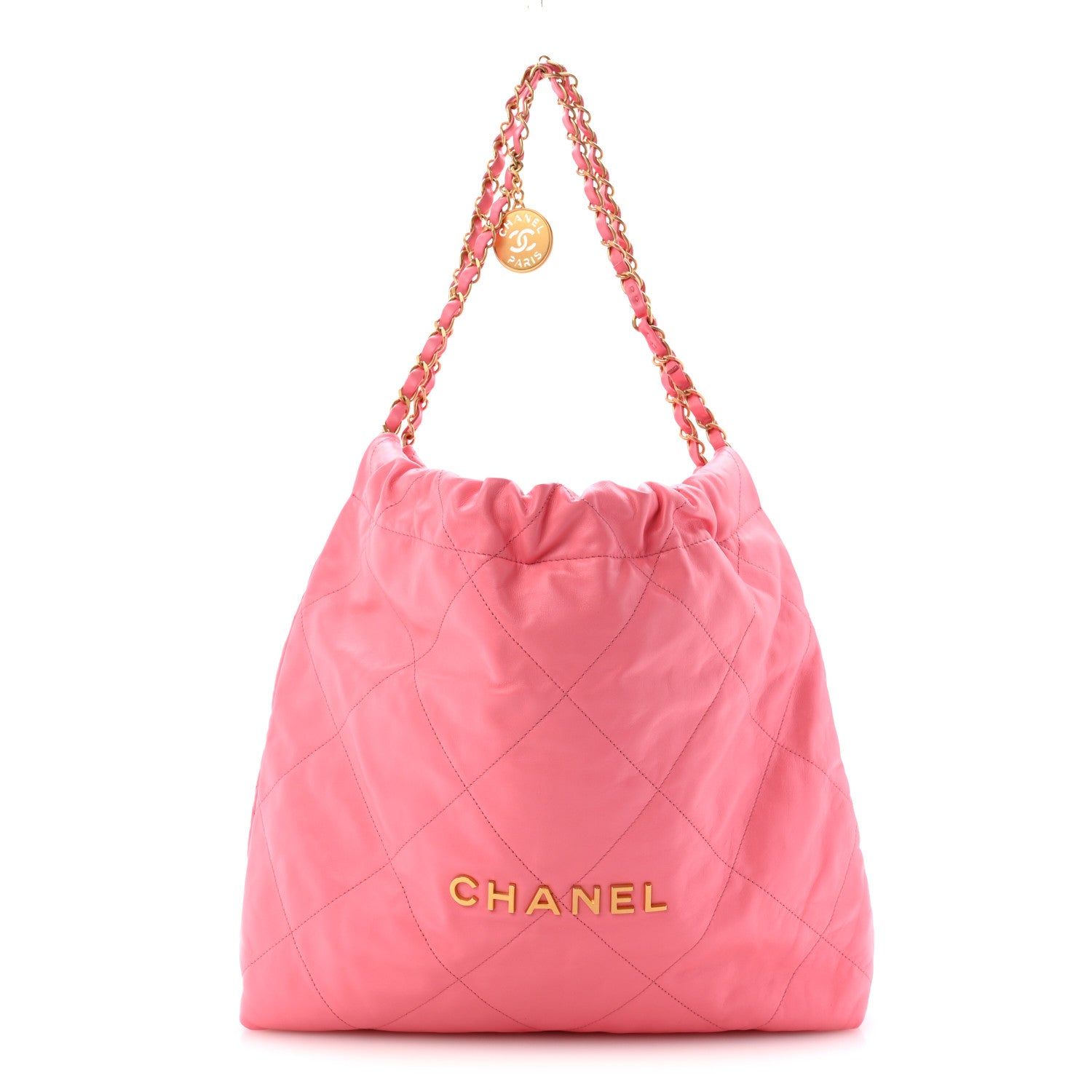 Shiny Calfskin Quilted Chanel 22 Coral Pink