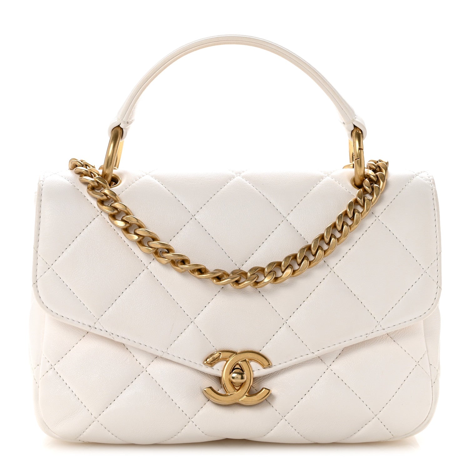 Calfskin Quilted Top Handle Flap White