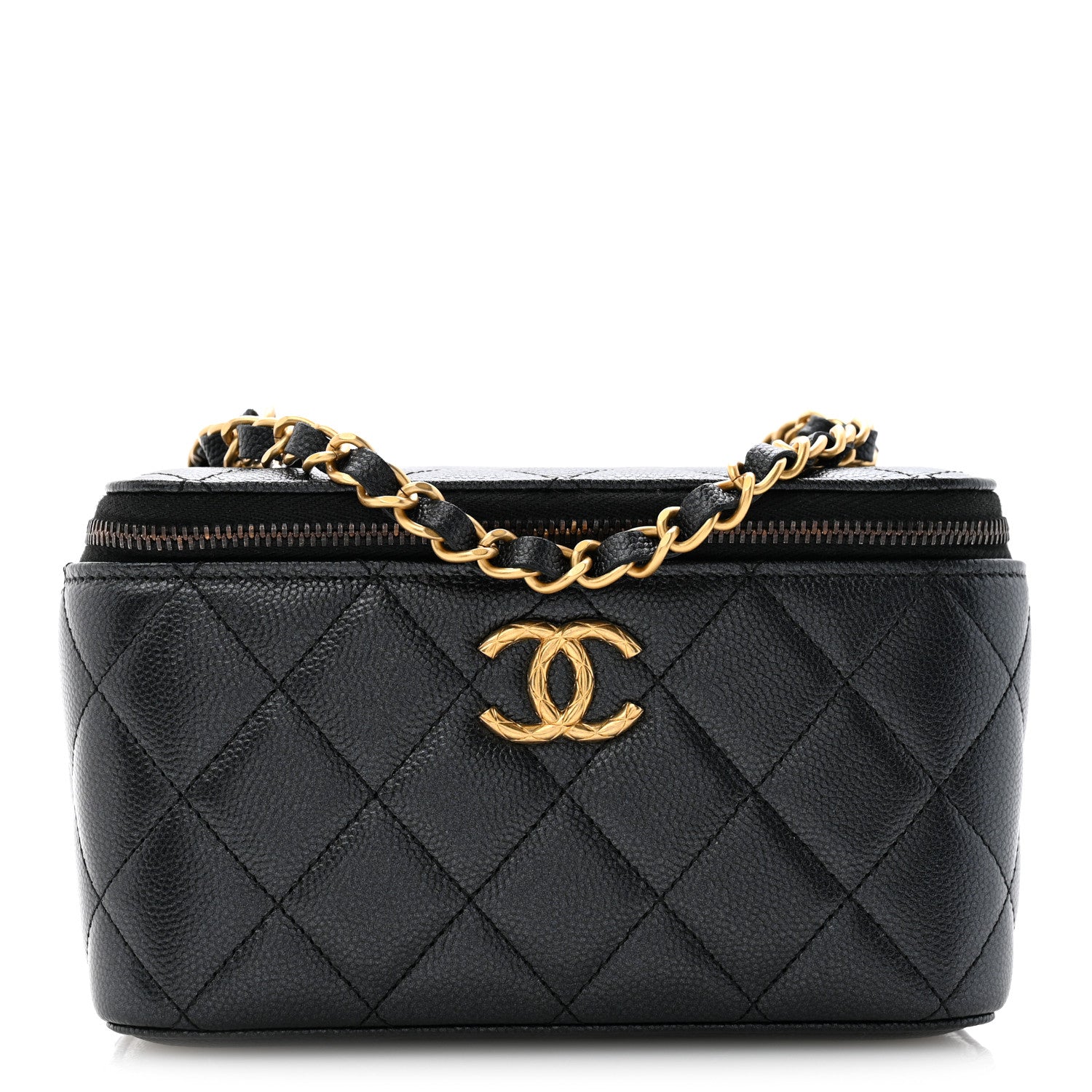 Pearly Caviar Quilted Fit For You Small Vanity Case With Chain Black
