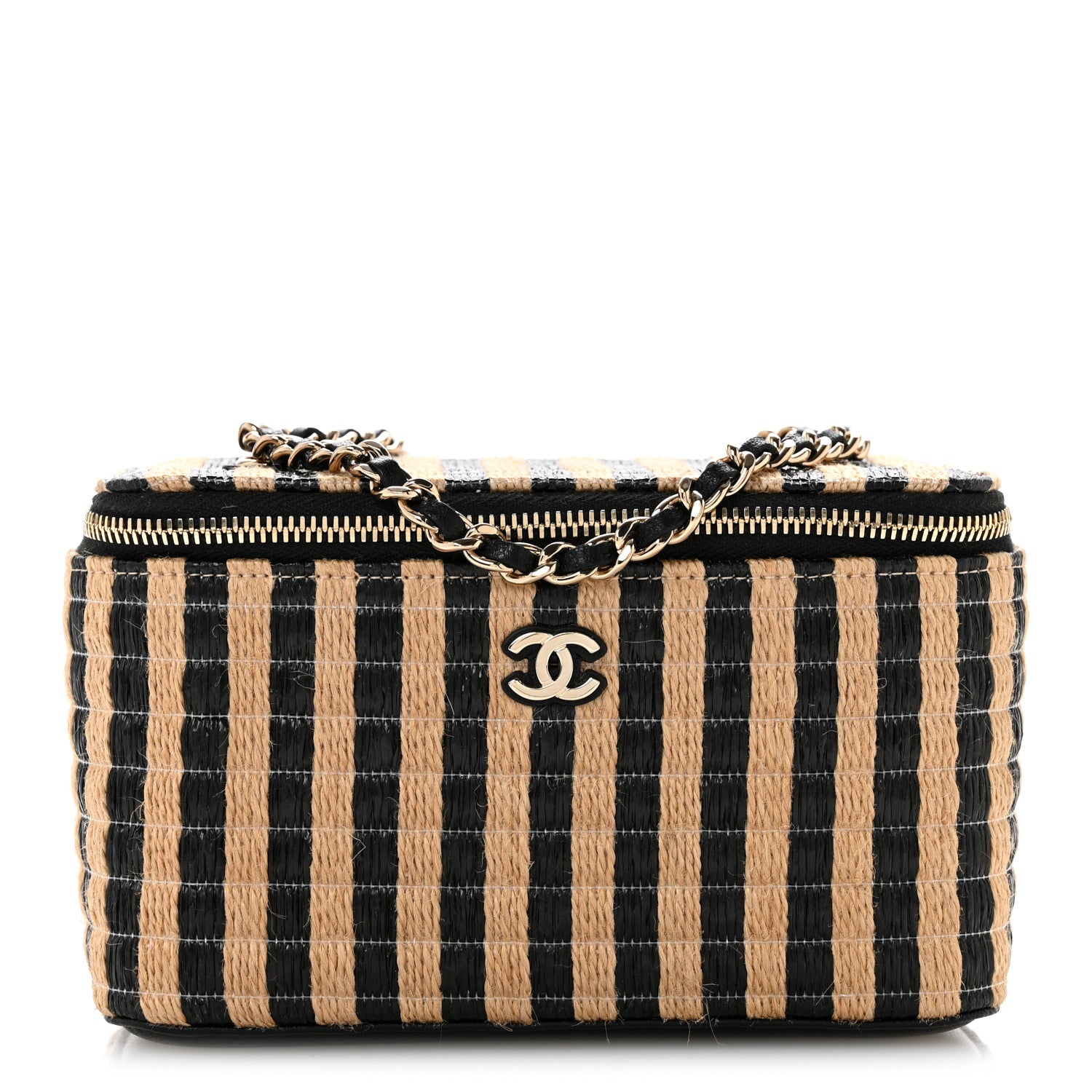Raffia Jute Striped Small Vanity Case With Chain Black Beige — view 1