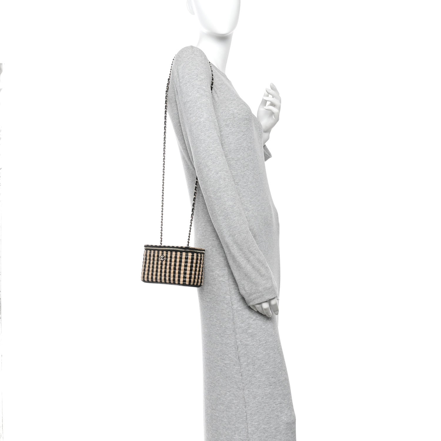 Raffia Jute Striped Small Vanity Case With Chain Black Beige — view 2