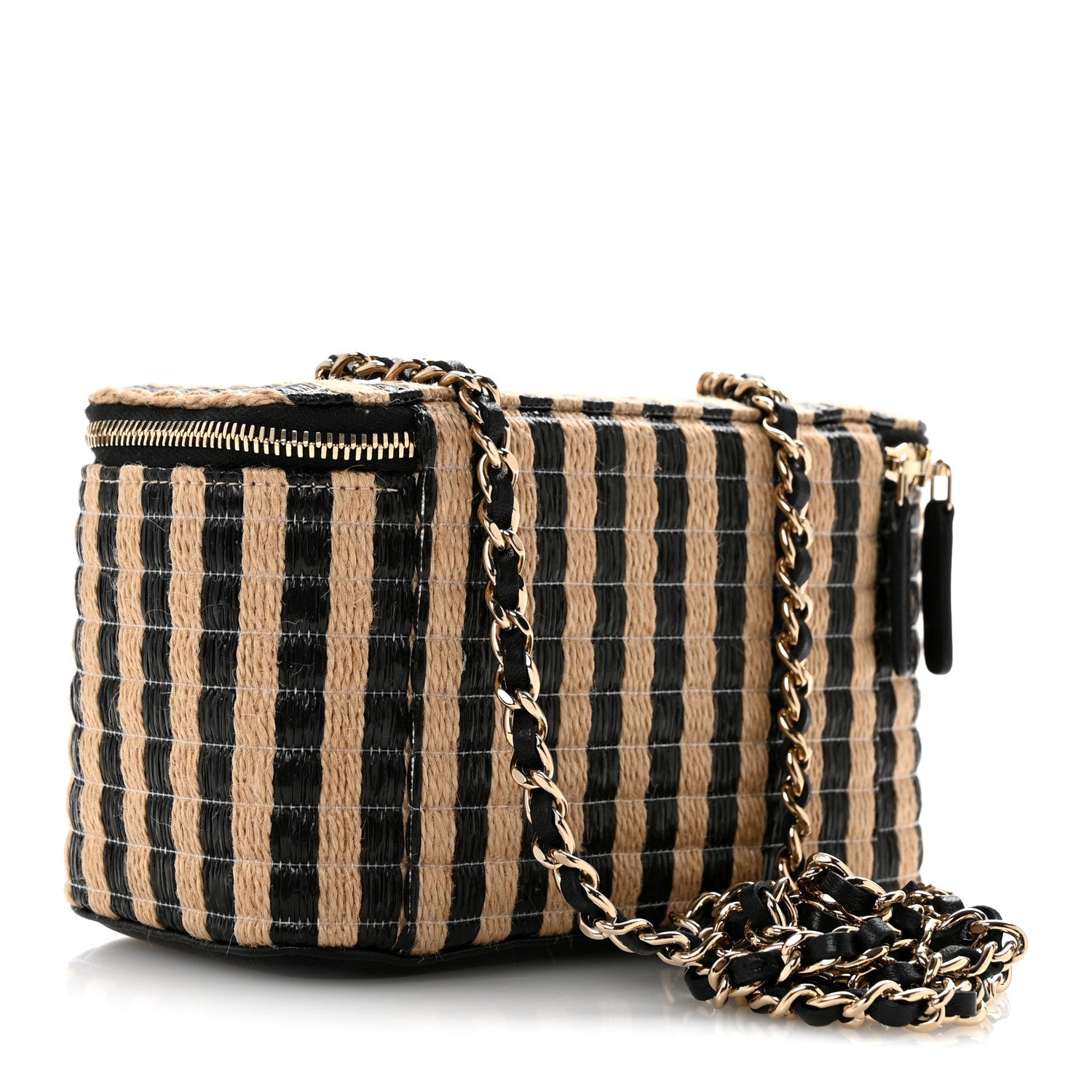 Raffia Jute Striped Small Vanity Case With Chain Black Beige — view 3