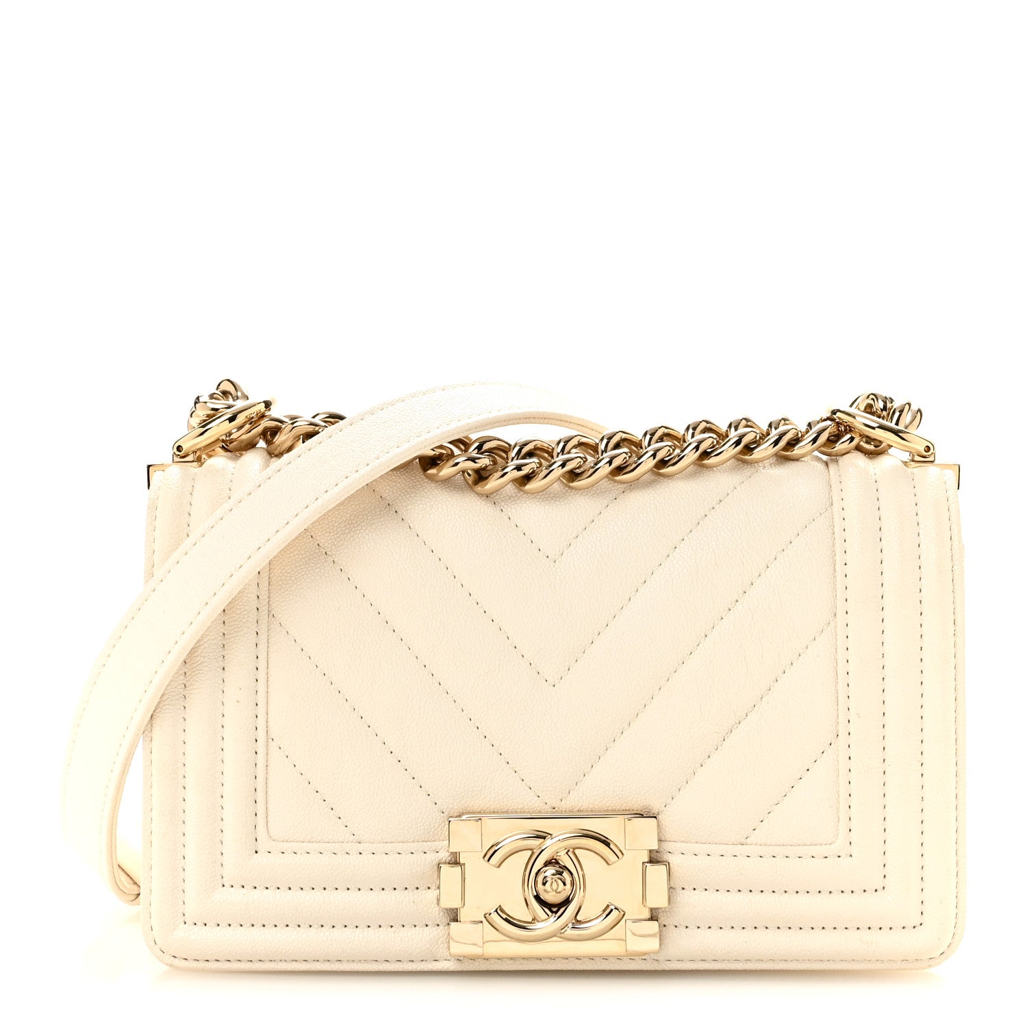 Caviar Chevron Quilted Small Boy Flap White