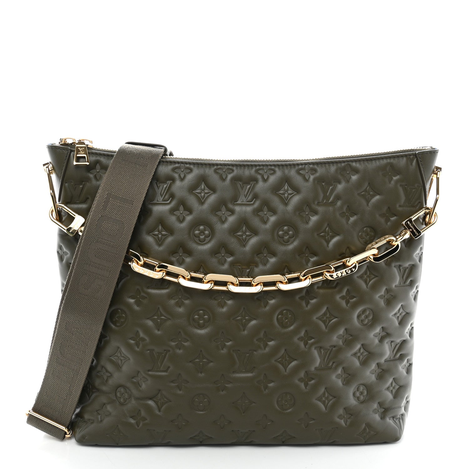 Calfskin Embossed Monogram Coussin Hobo Dark Kaki