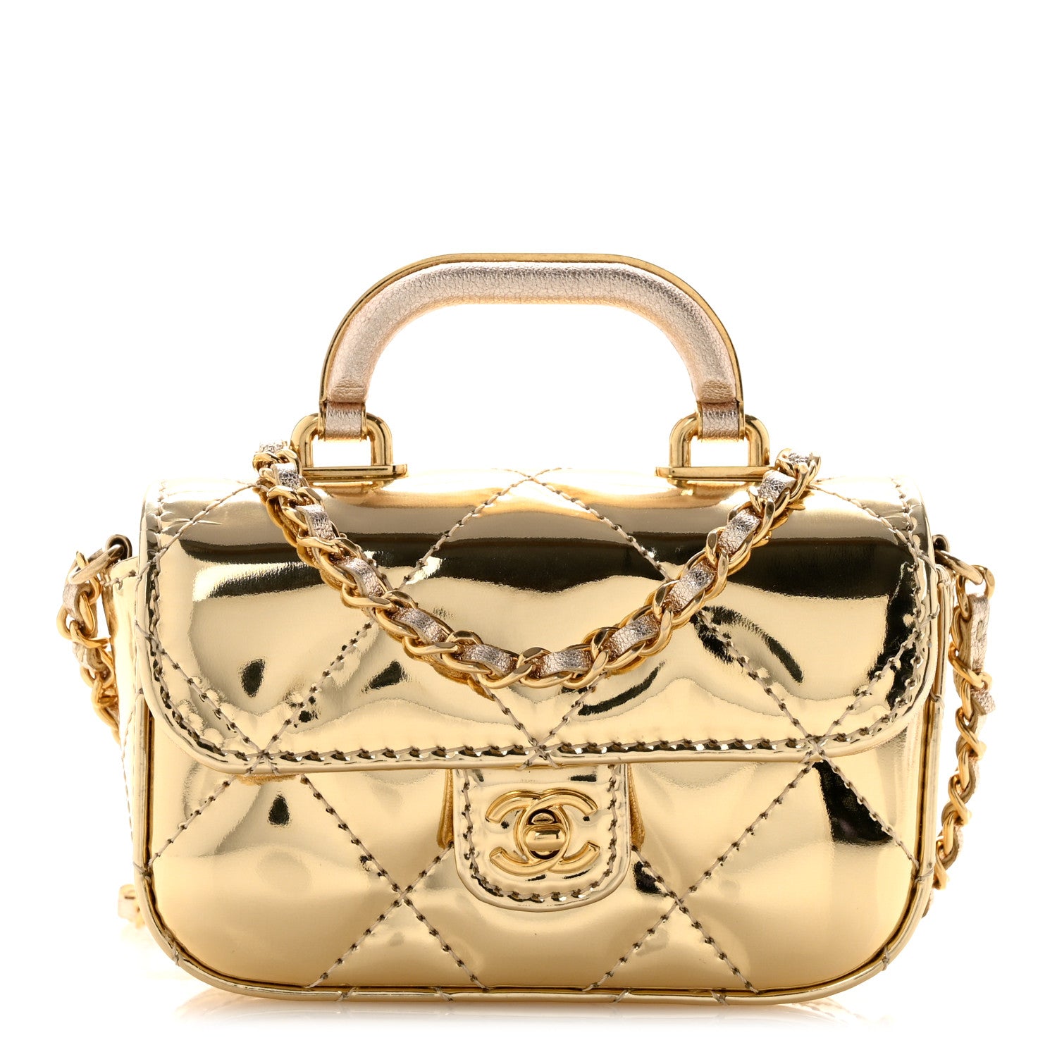Metallic Mirror Calfskin Micro Top Handle Clutch With Chain Gold — view 1