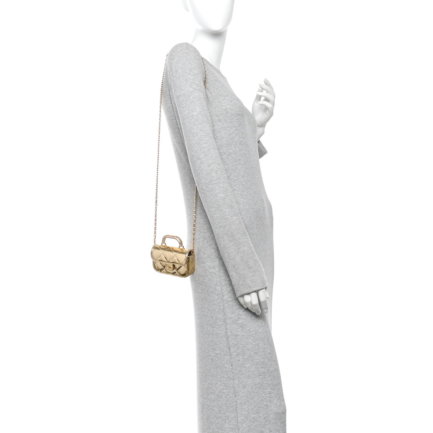 Metallic Mirror Calfskin Micro Top Handle Clutch With Chain Gold — view 2