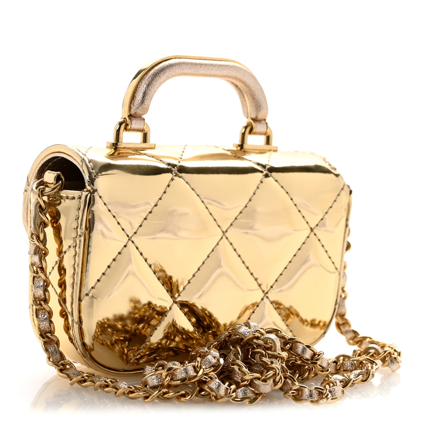 Metallic Mirror Calfskin Micro Top Handle Clutch With Chain Gold — view 3
