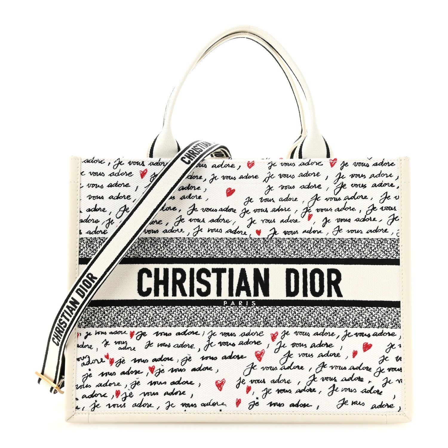 Calfskin Canvas Embroidered Medium Dioramour Je Vous Adore Book Tote With Strap White Black Red